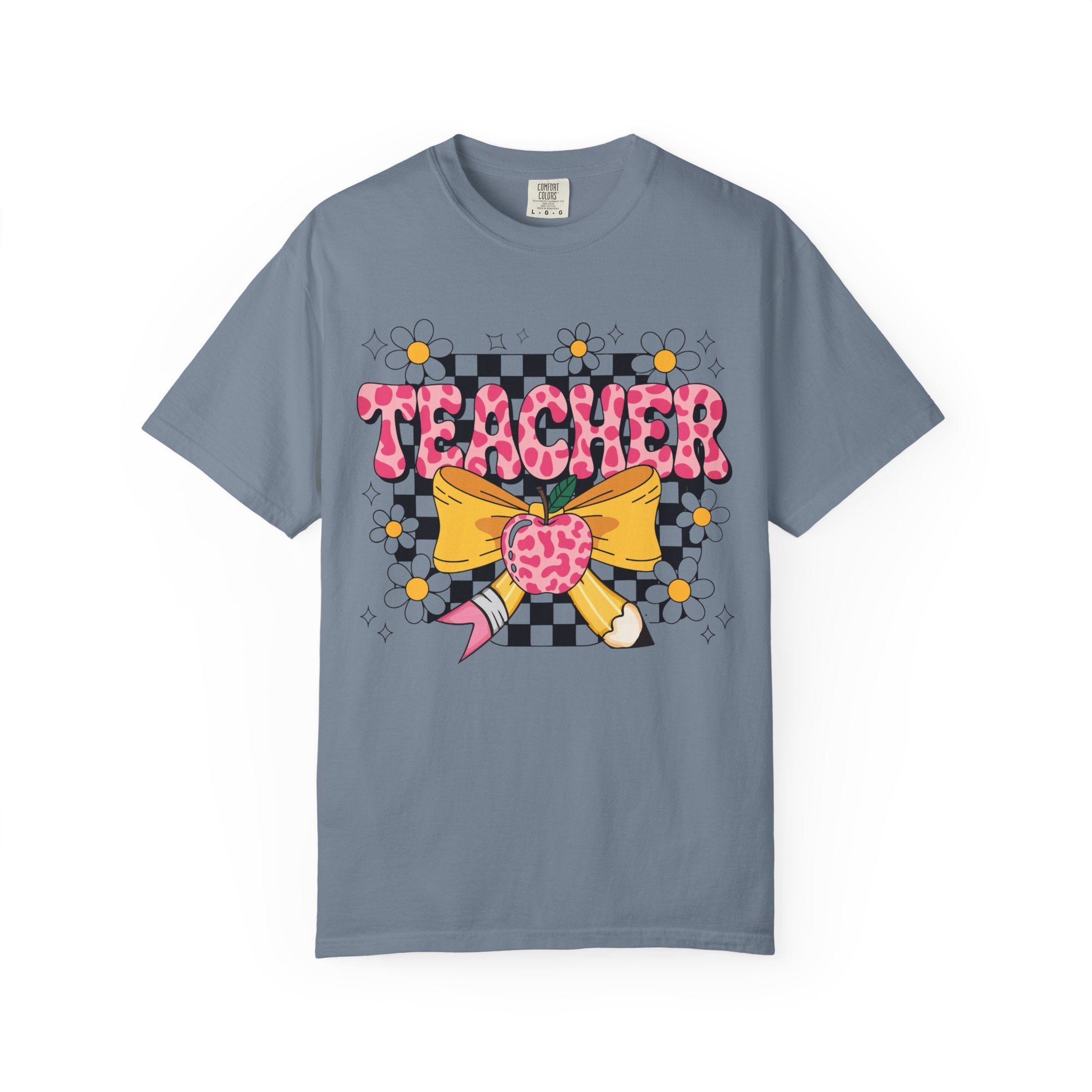 Teacher Floral Bow T‑Shirt — Cute Checkerboard & Heart Design for Educators