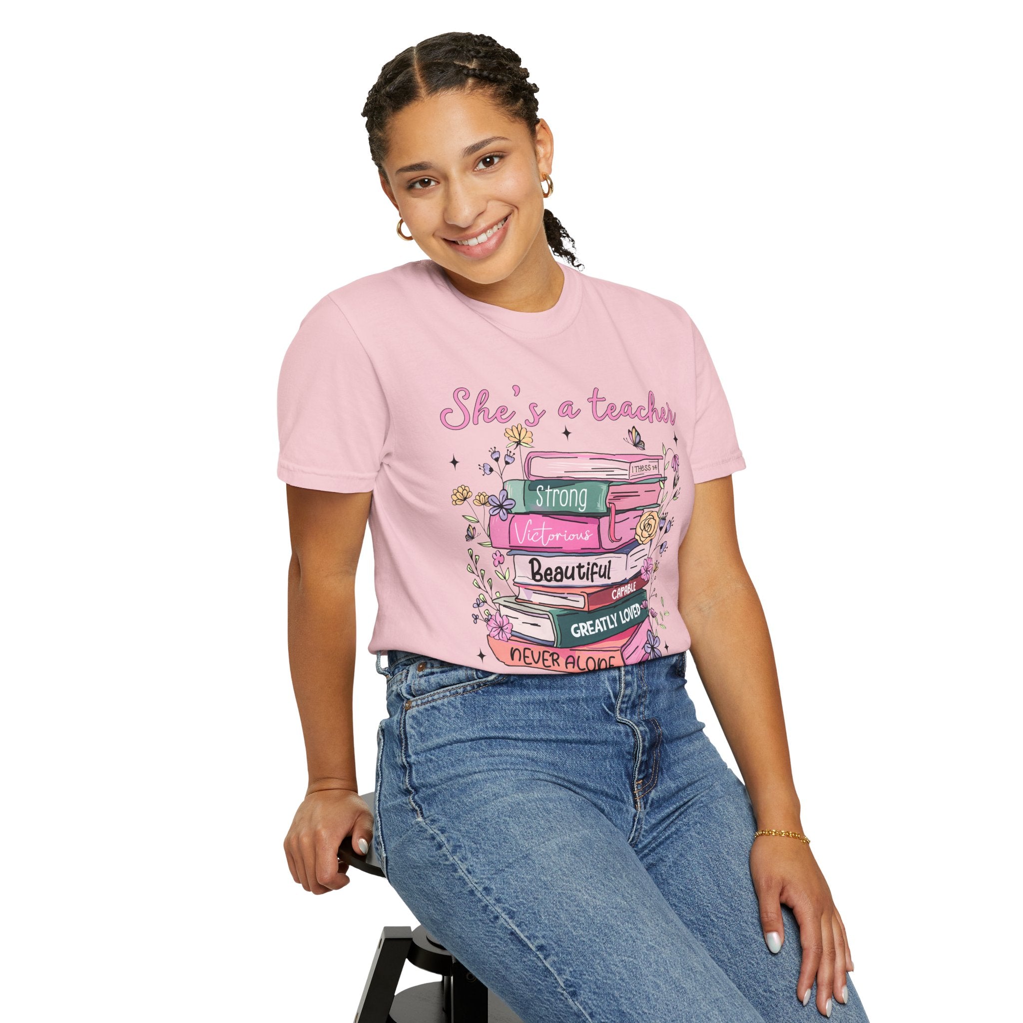 Teacher Appreciation T-Shirt — "She's a Teacher" Floral Stack Design