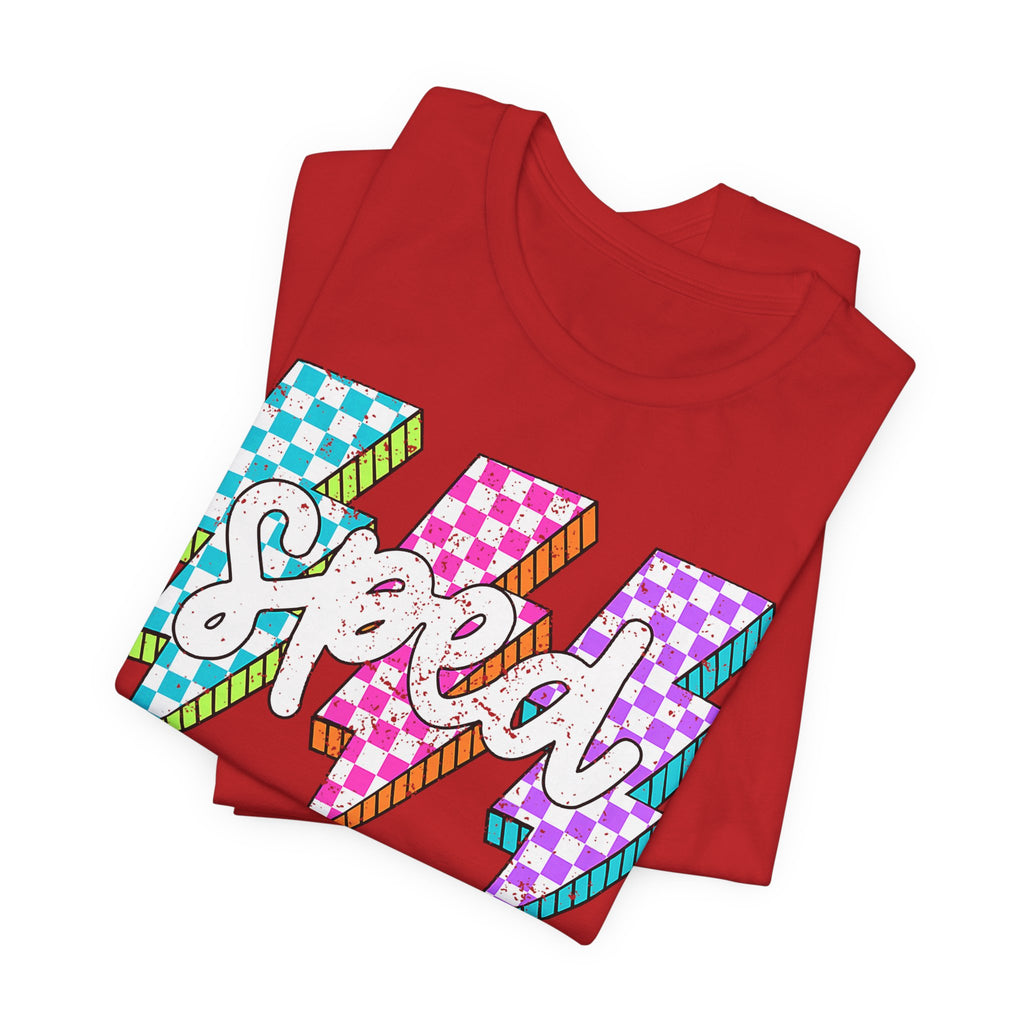 Speed Lightning Tee — Retro Checkerboard Bolt Graphic T-Shirt