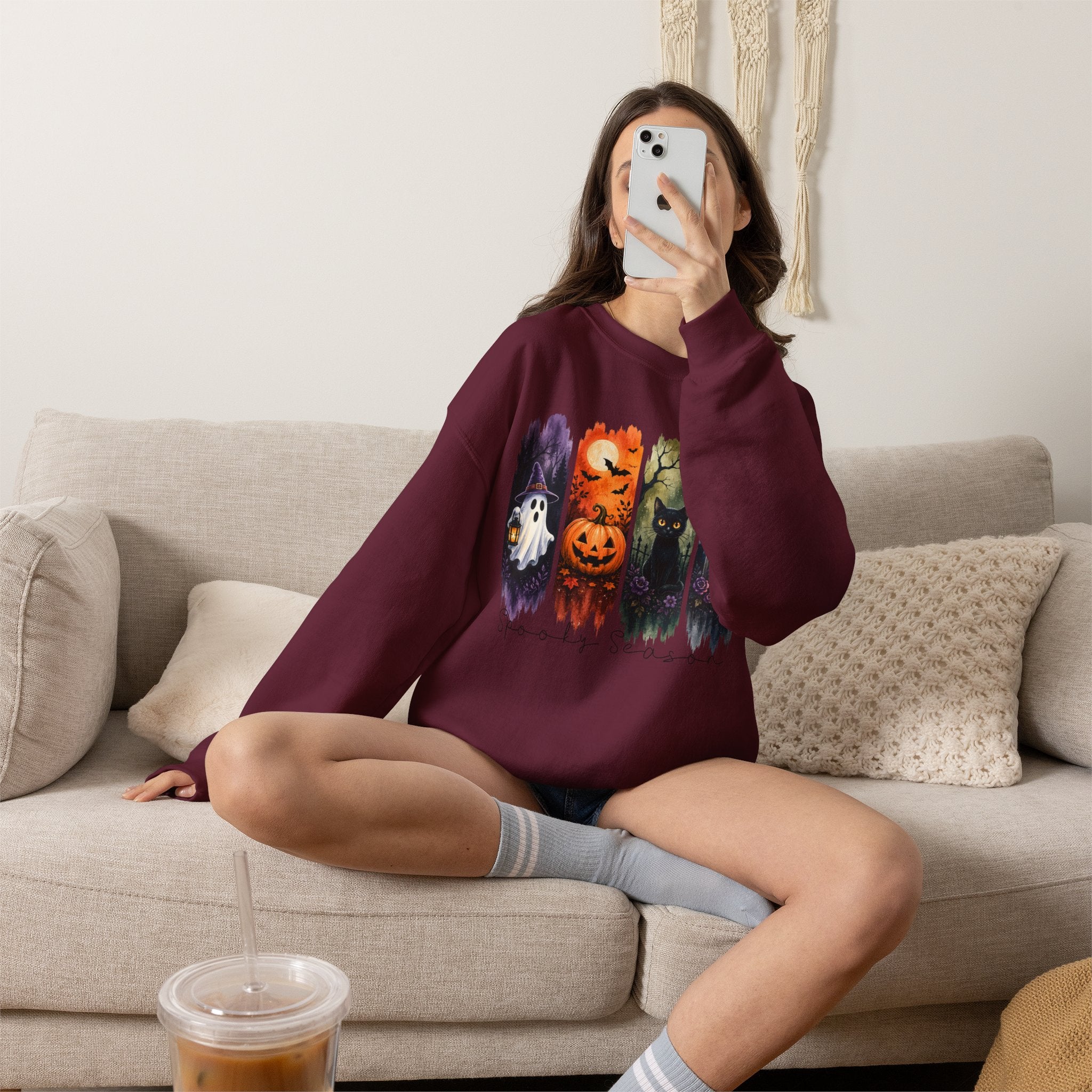 Halloween Seasons Crewneck Sweatshirt — Spooky Ghost, Jack-o'-Lantern & Haunted Night Design