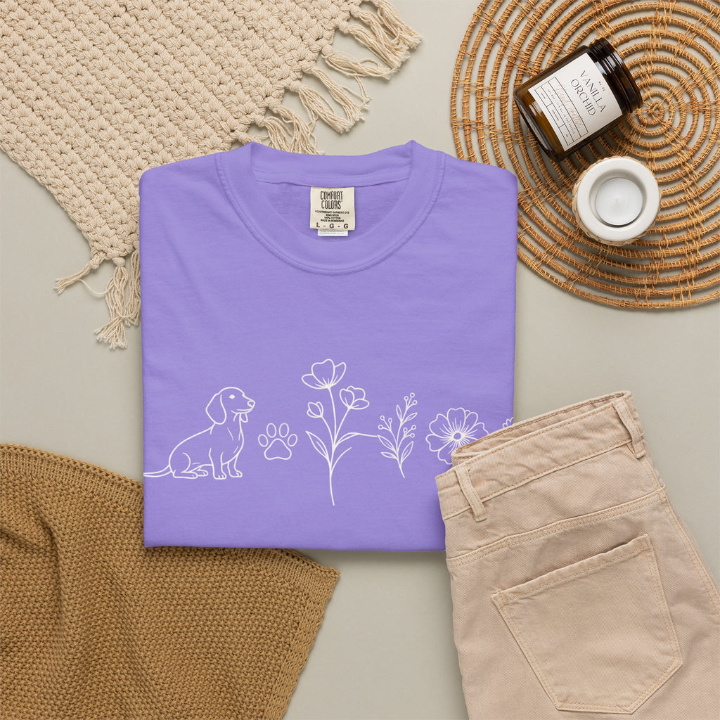 Floral Dachschund Line Art T-Shirt — Minimal Dog & Wildflower Tee