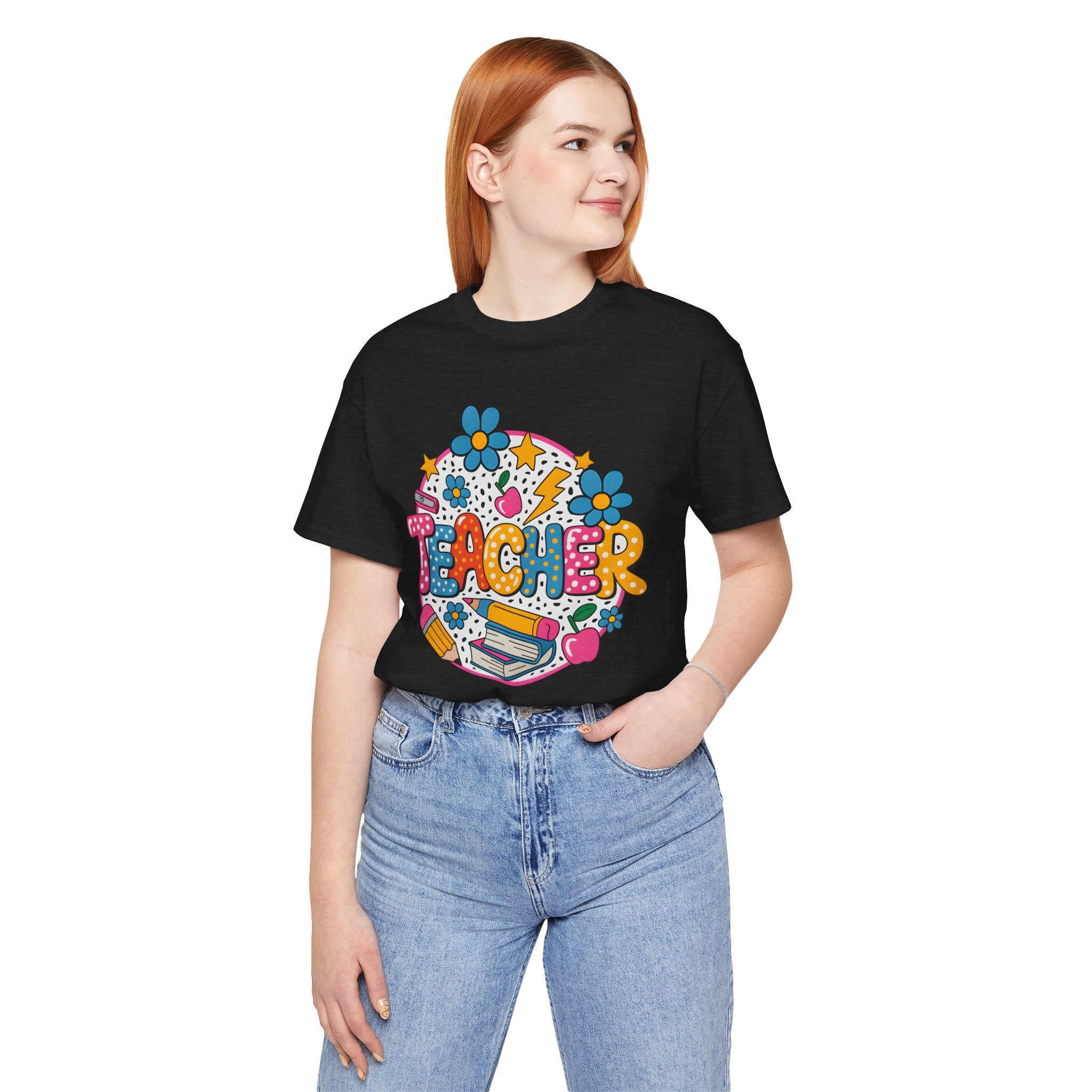 Teacher Doodle Graphic Tee — Colorful School Supplies Design
