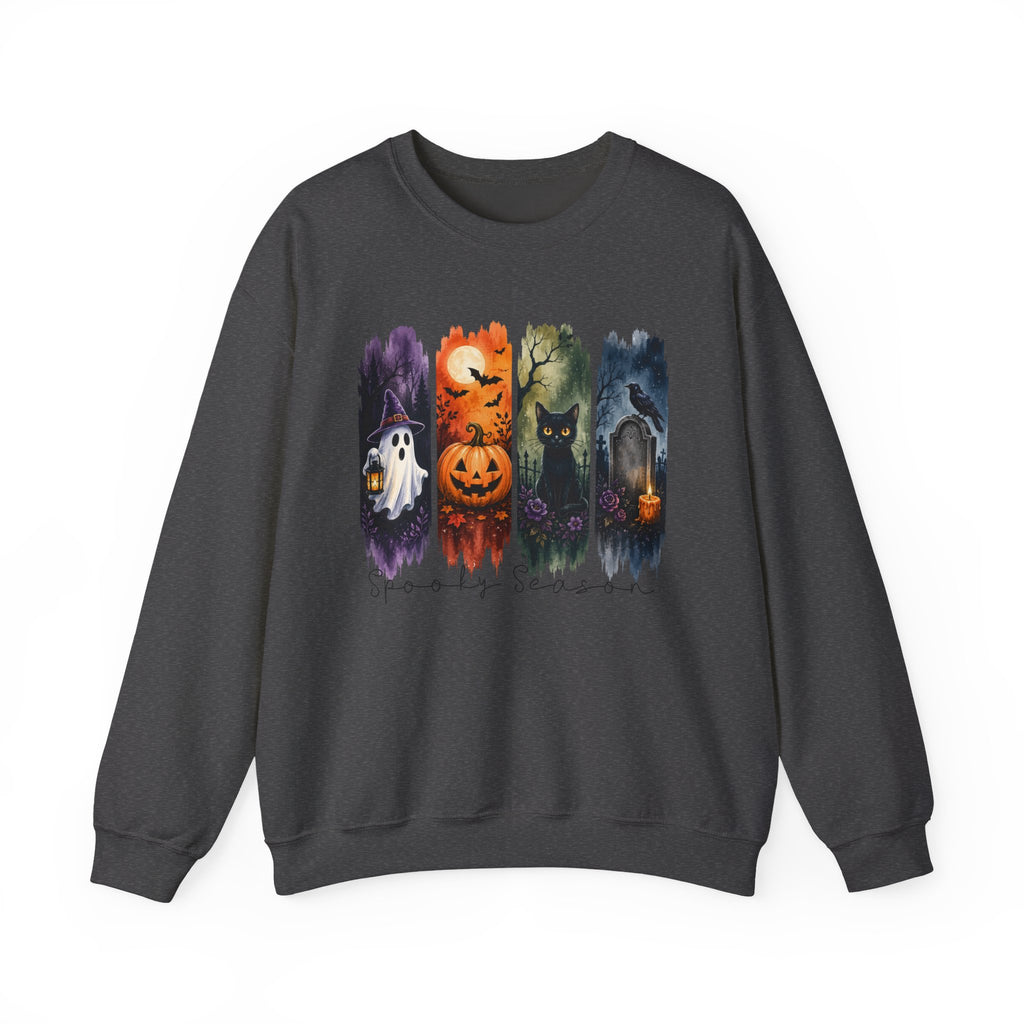 Halloween Seasons Crewneck Sweatshirt — Spooky Ghost, Jack-o'-Lantern & Haunted Night Design