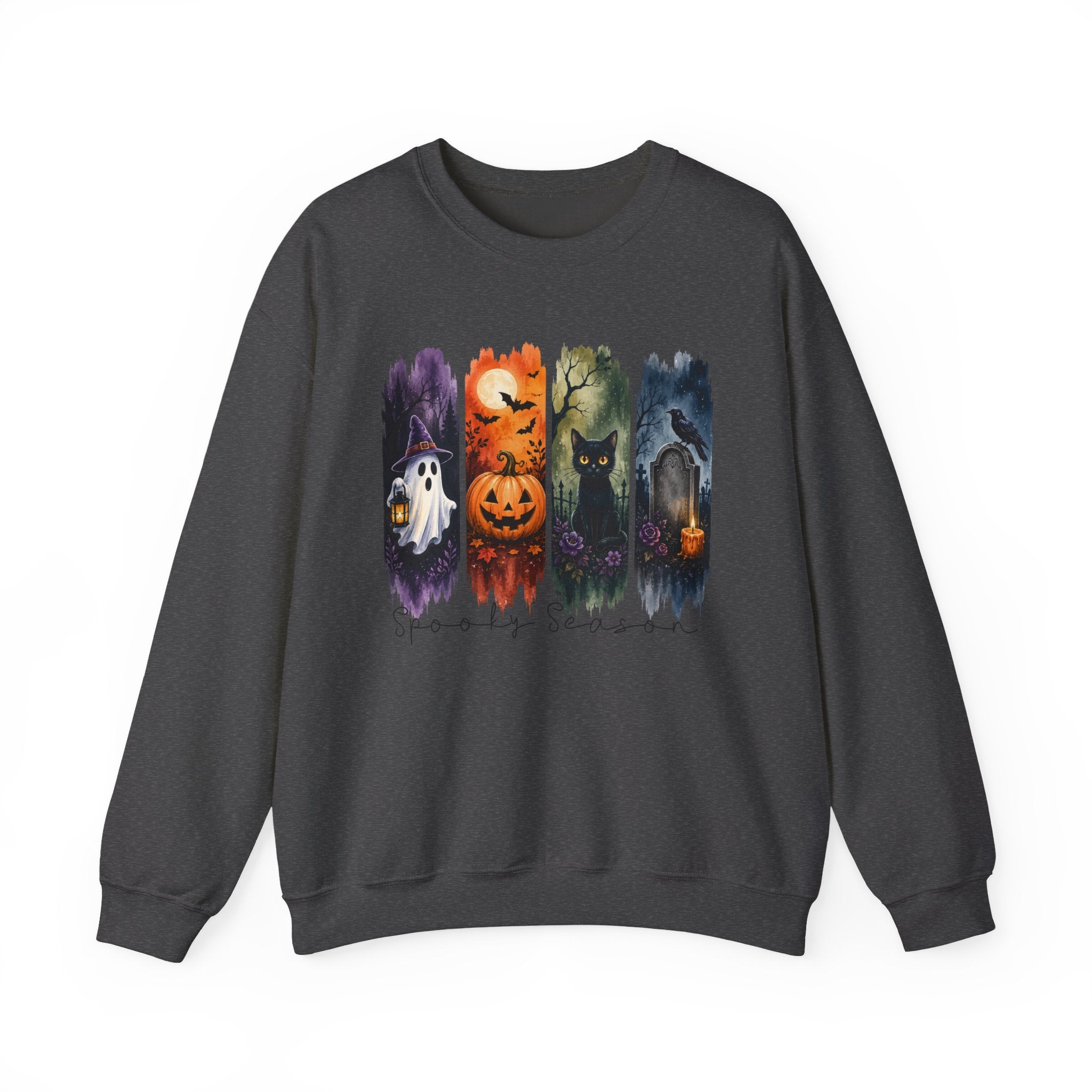 Halloween Seasons Crewneck Sweatshirt — Spooky Ghost, Jack-o'-Lantern & Haunted Night Design
