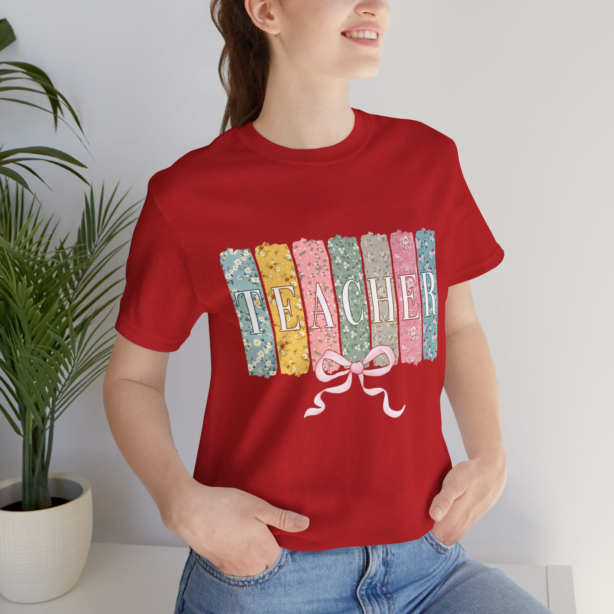 Teacher Floral Stripe T-Shirt - Pastel Ribbon Classroom Gift