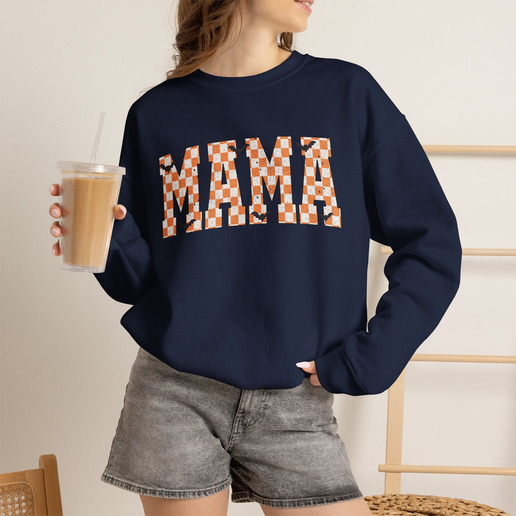 Mama Checkerboard Halloween Sweatshirt – Retro Orange Plaid Mama Pullover