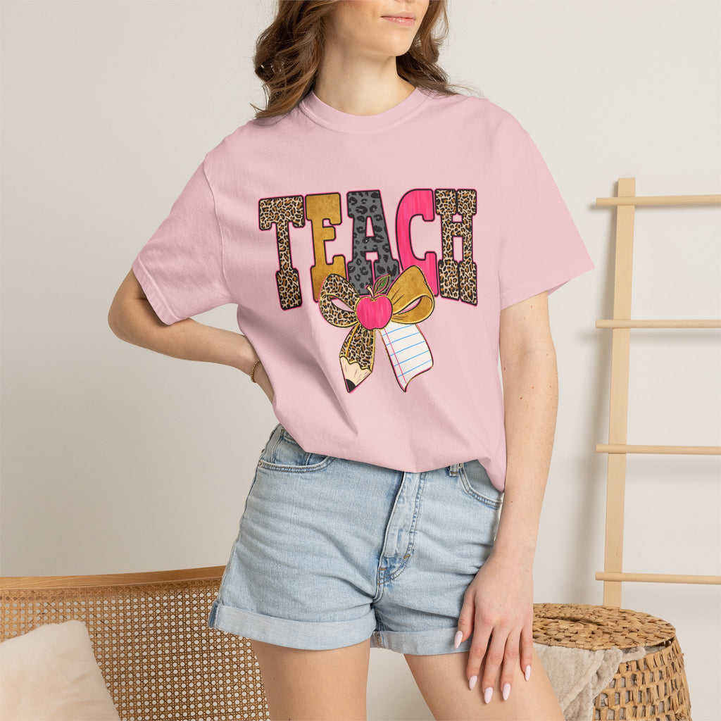 Teacher Graphic Tee — 'TEACH' Leopard Print Pencil Bow Design
