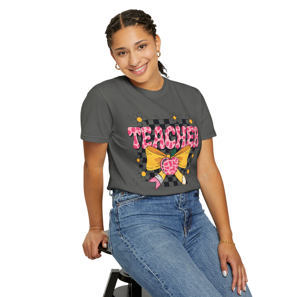 Teacher Floral Bow T‑Shirt — Cute Checkerboard & Heart Design for Educators