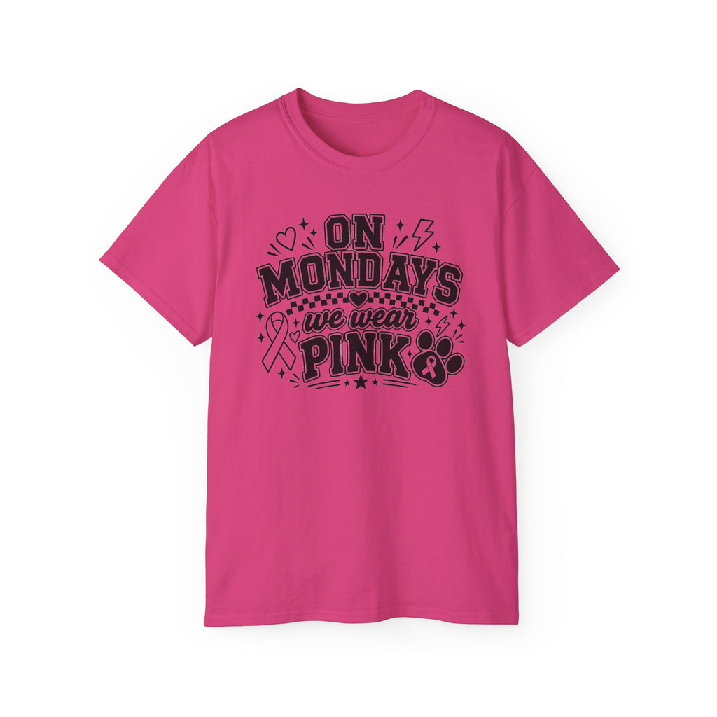 "On Mondays We Wear Pink" Black Text Breast Cancer Awareness Tee