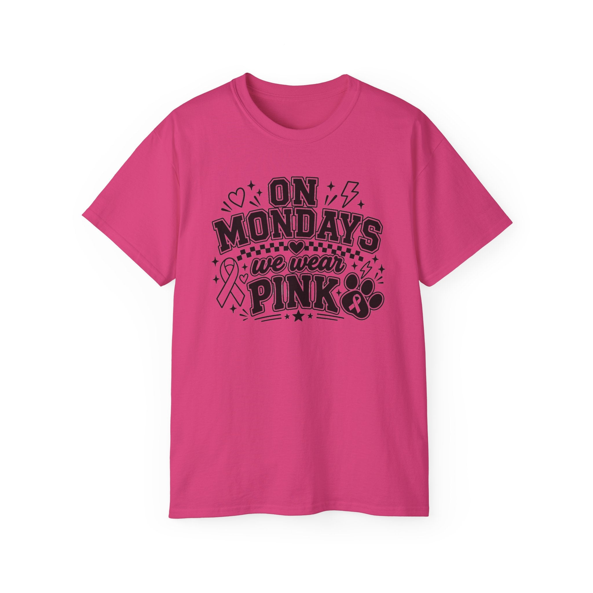 "On Mondays We Wear Pink" Black Text Breast Cancer Awareness Tee