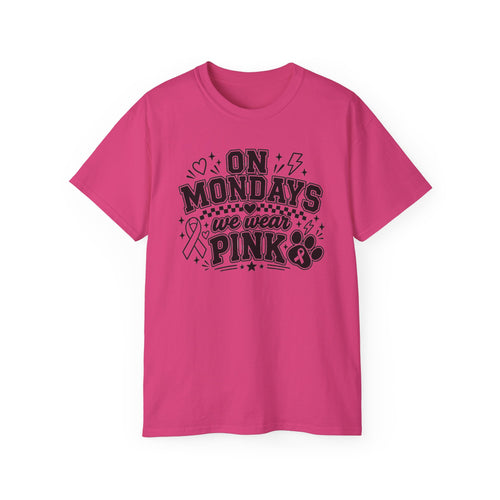 "On Mondays We Wear Pink" Black Text Breast Cancer Awareness Tee