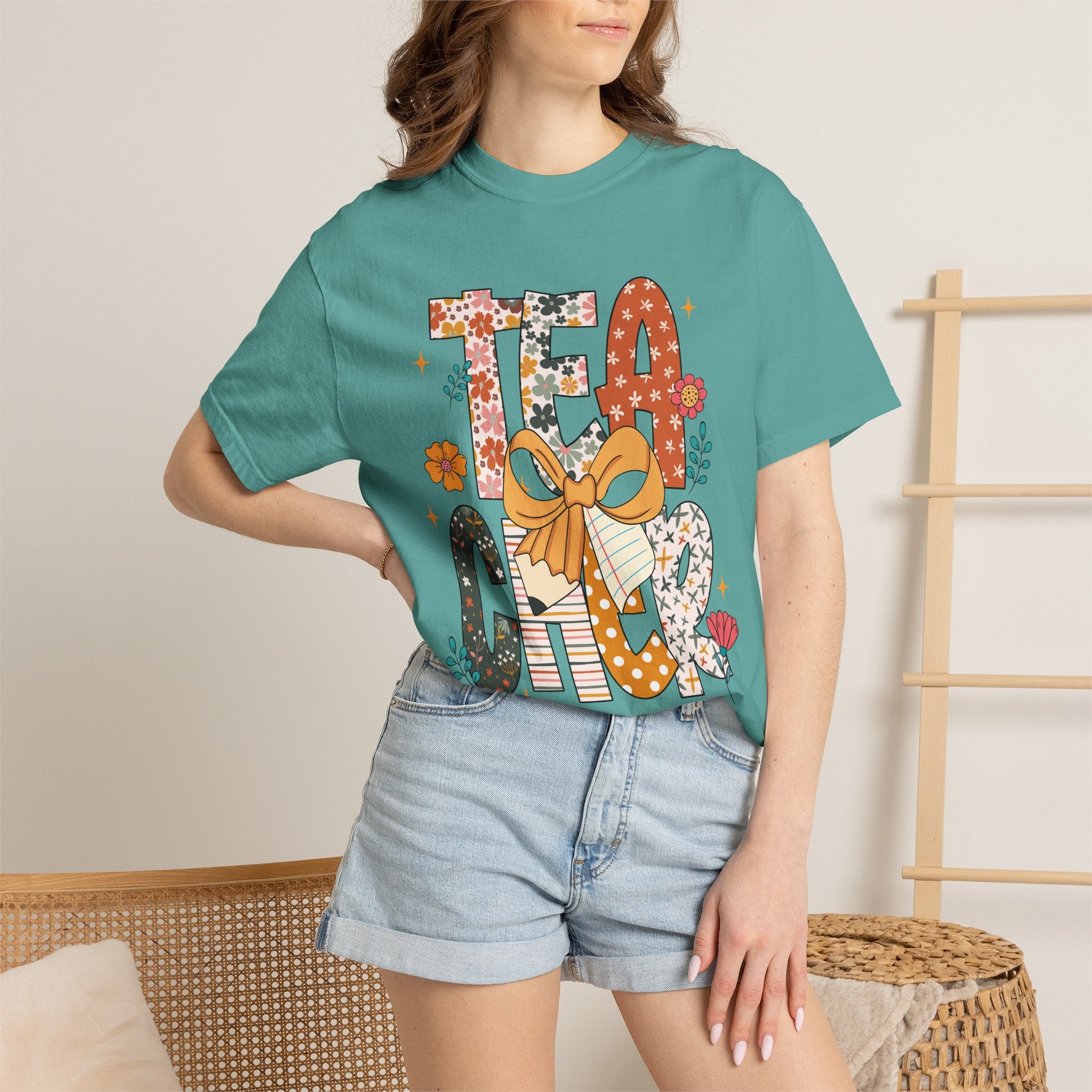 Teacher Graphic T-Shirt — Floral "Teacher" Design with Ribbon