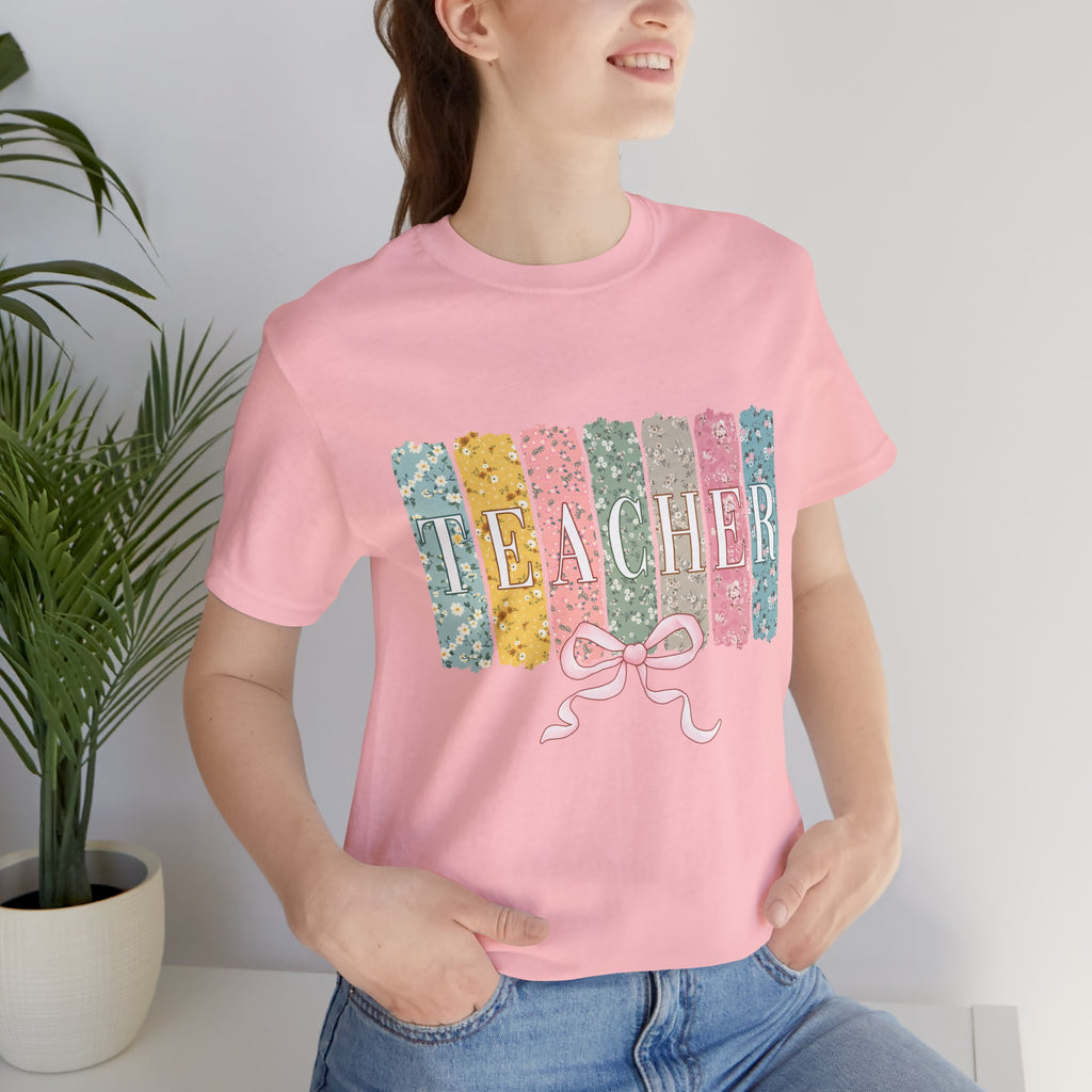 Teacher Floral Stripe T-Shirt - Pastel Ribbon Classroom Gift
