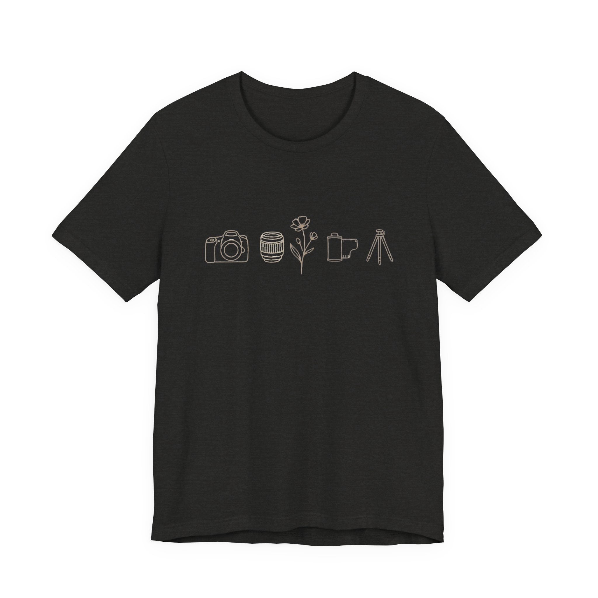 Photography Icons Tee — Minimal Camera, Film, Flower & Tripod Graphic Shirt