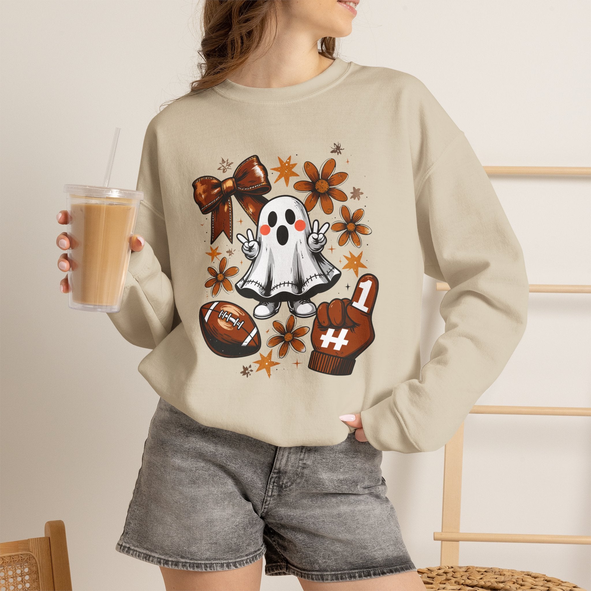 Football Ghost Crewneck Sweatshirt – Cute Spooky Game Day Design