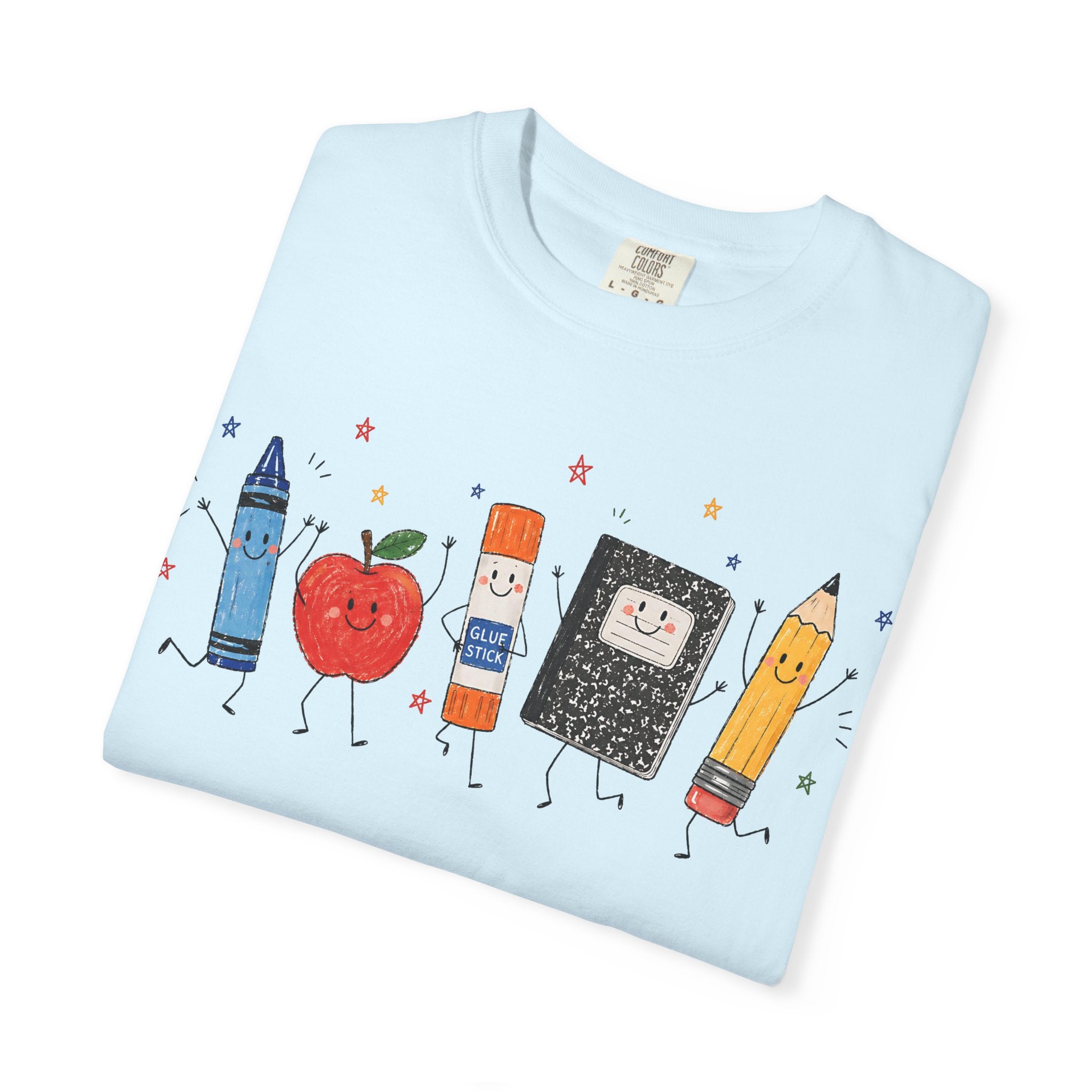 Cute School Supplies Teacher T-Shirt — Happy Apple, Crayon & Pencil Graphic Tee