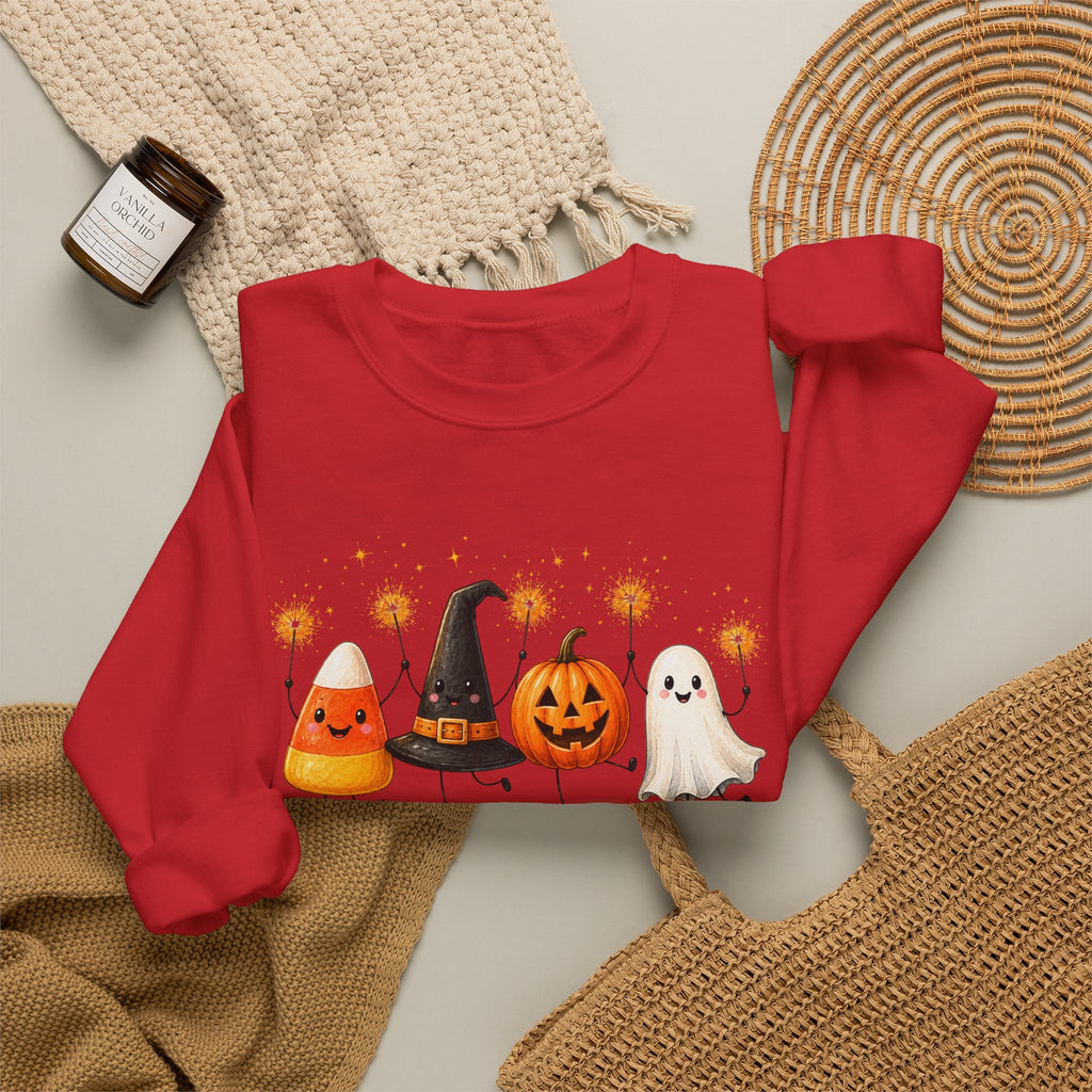 Halloween Friends Crewneck Sweatshirt — Cute Candy Corn, Witch Hat, Jack-o'-Lantern & Ghost Design