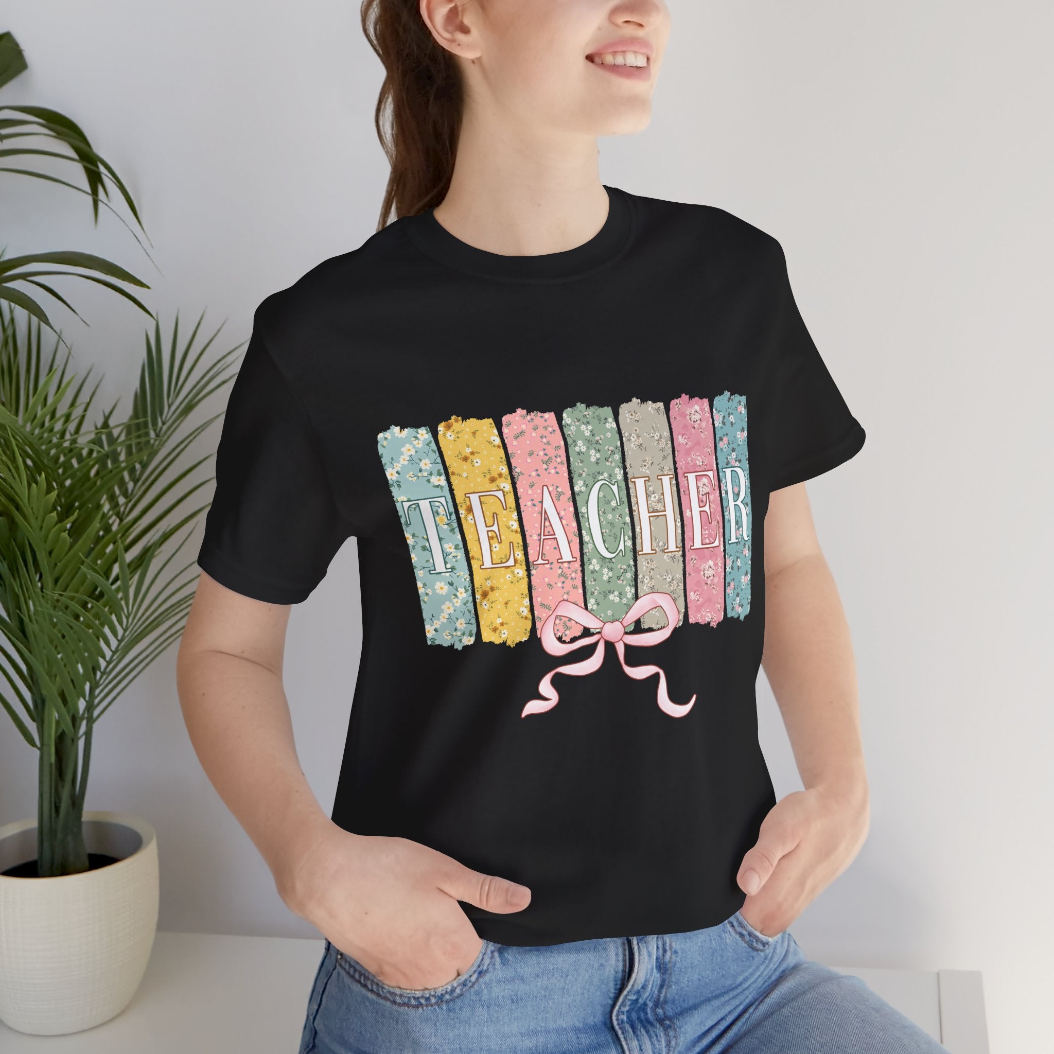 Teacher Floral Stripe T-Shirt - Pastel Ribbon Classroom Gift