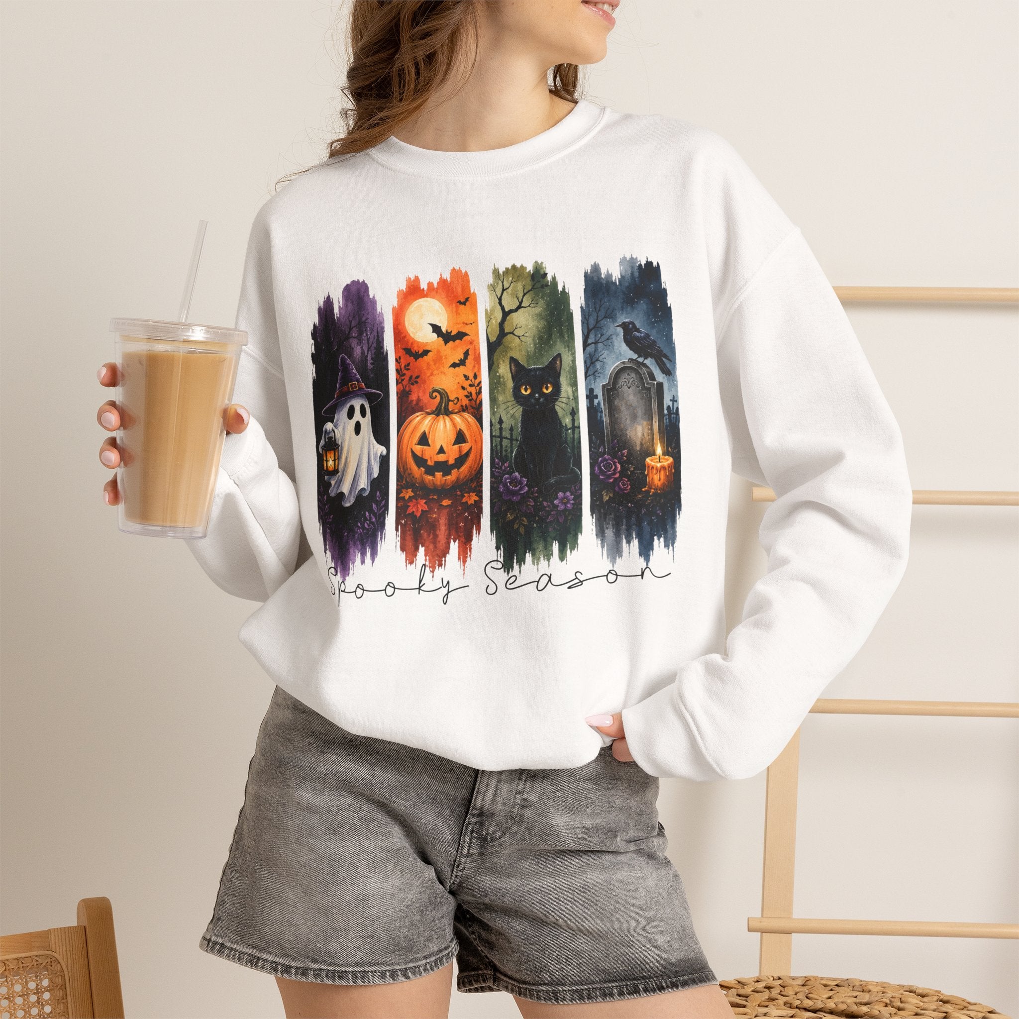 Halloween Seasons Crewneck Sweatshirt — Spooky Ghost, Jack-o'-Lantern & Haunted Night Design