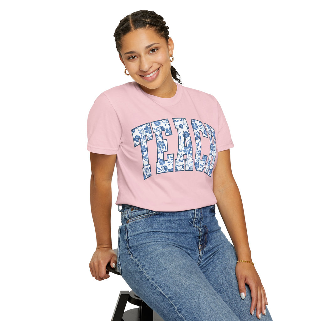 Teacher Floral Arch T-Shirt — 'TEACH' Blue Floral Print Tee
