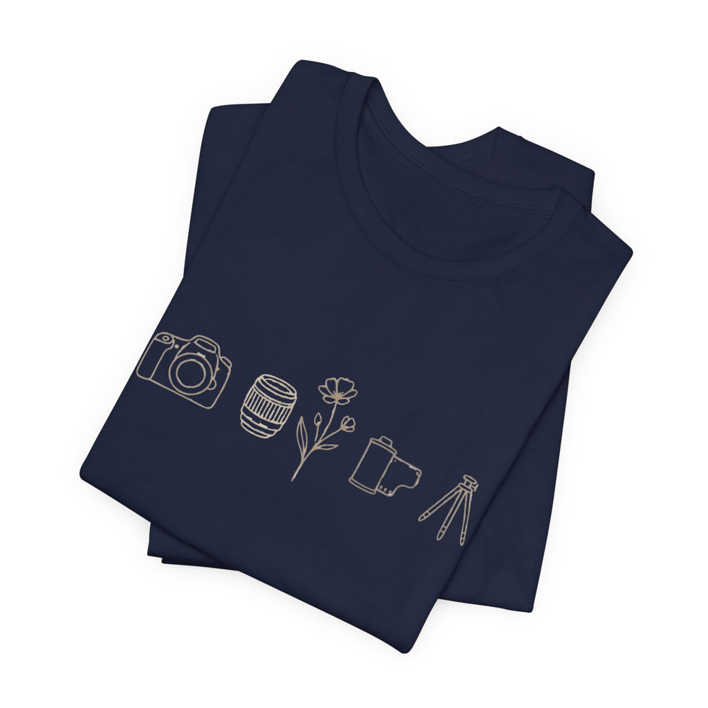 Photography Icons Tee — Minimal Camera, Film, Flower & Tripod Graphic Shirt