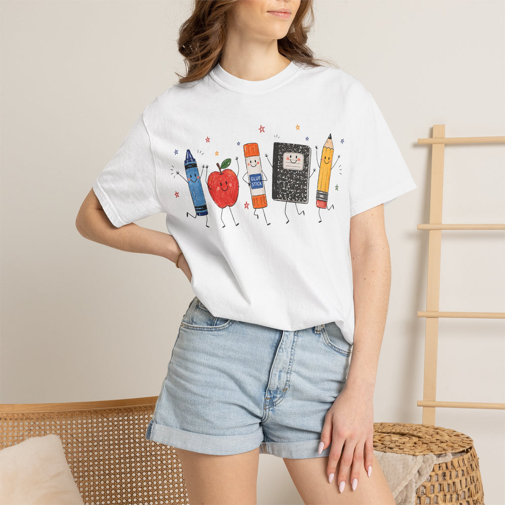 Cute School Supplies Teacher T-Shirt — Happy Apple, Crayon & Pencil Graphic Tee