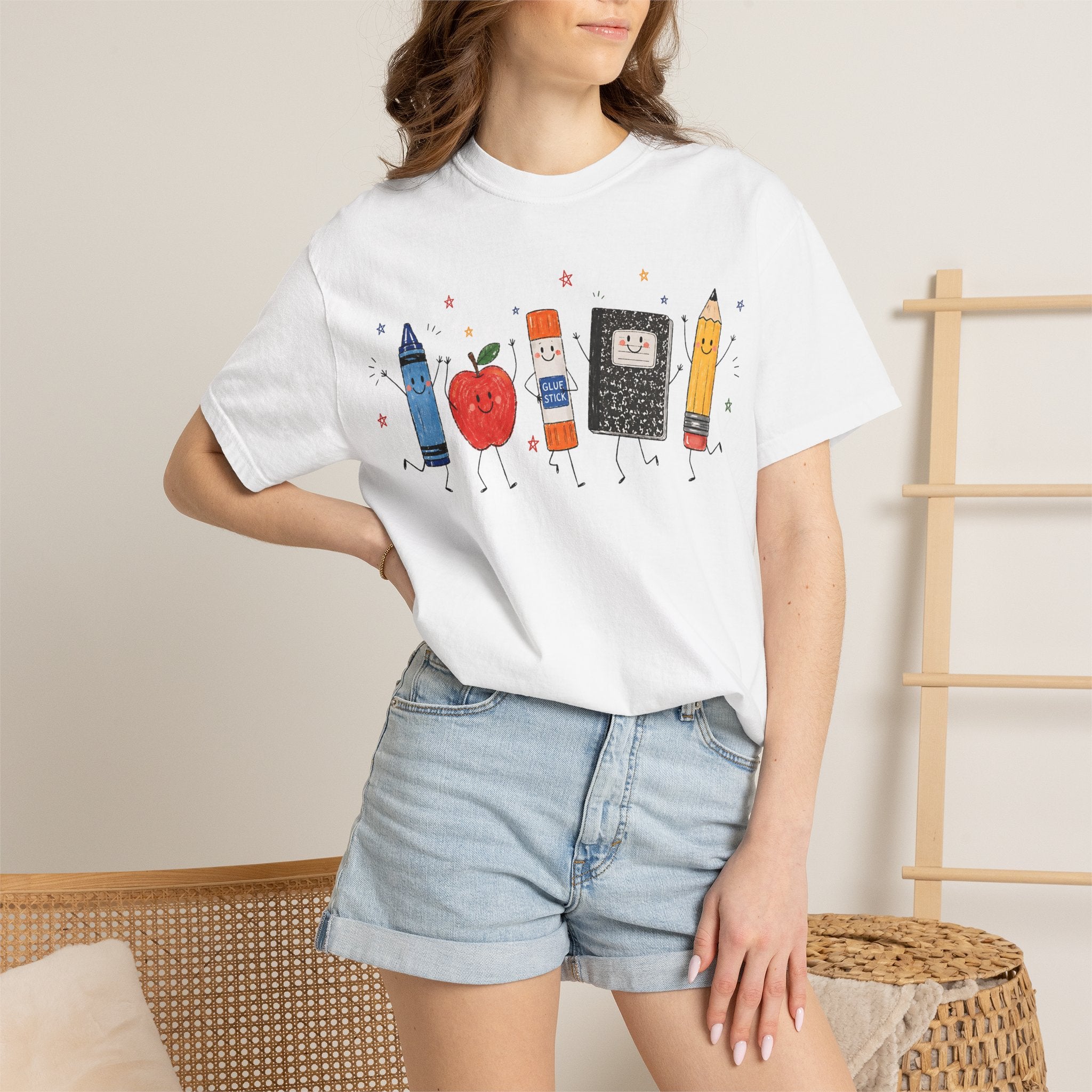 Cute School Supplies Teacher T-Shirt — Happy Apple, Crayon & Pencil Graphic Tee