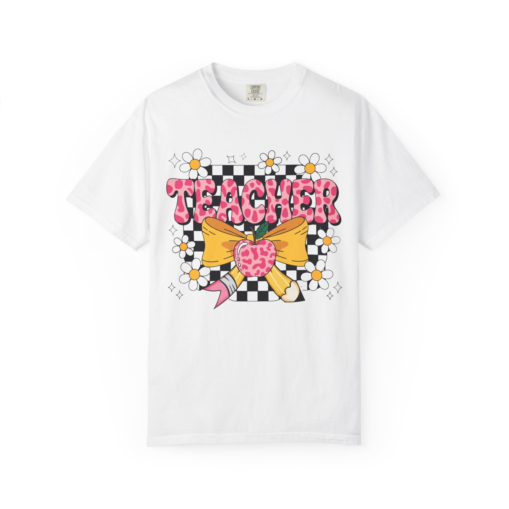 Teacher Floral Bow T‑Shirt — Cute Checkerboard & Heart Design for Educators