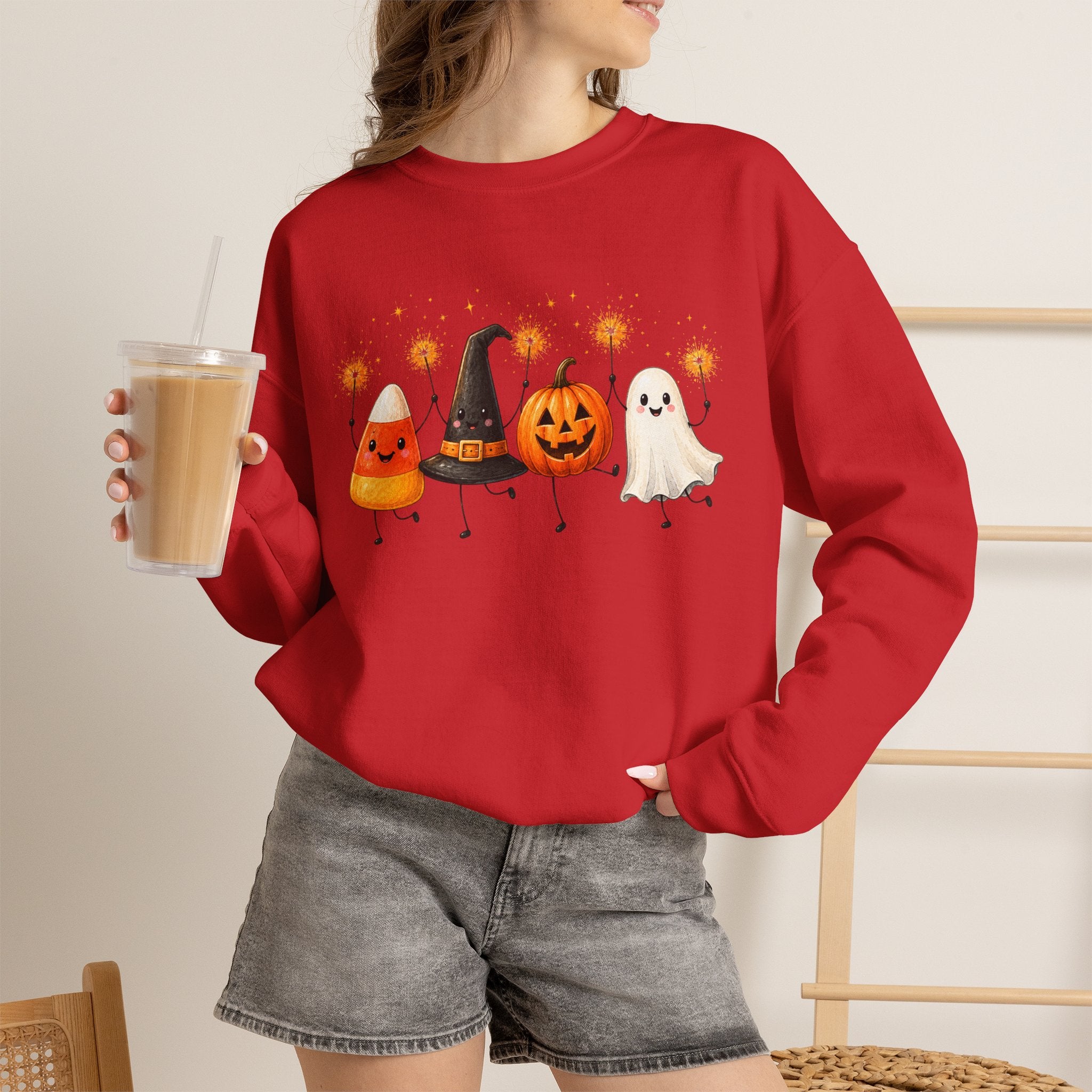 Halloween Friends Crewneck Sweatshirt — Cute Candy Corn, Witch Hat, Jack-o'-Lantern & Ghost Design