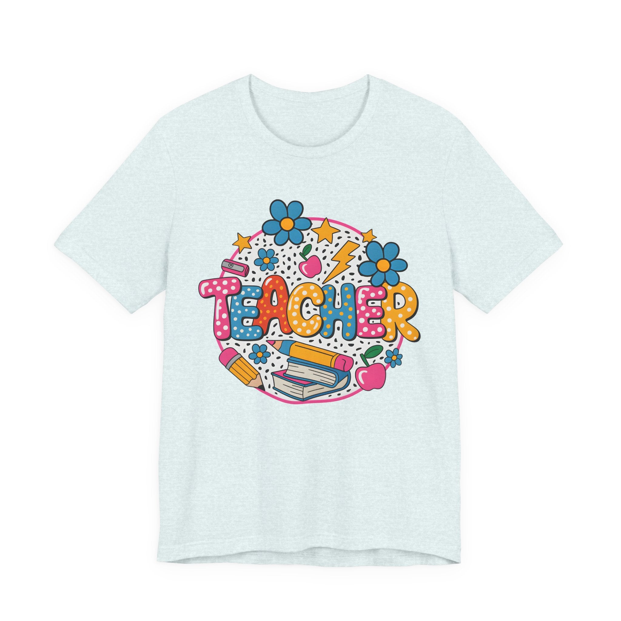 Teacher Doodle Graphic Tee — Colorful School Supplies Design