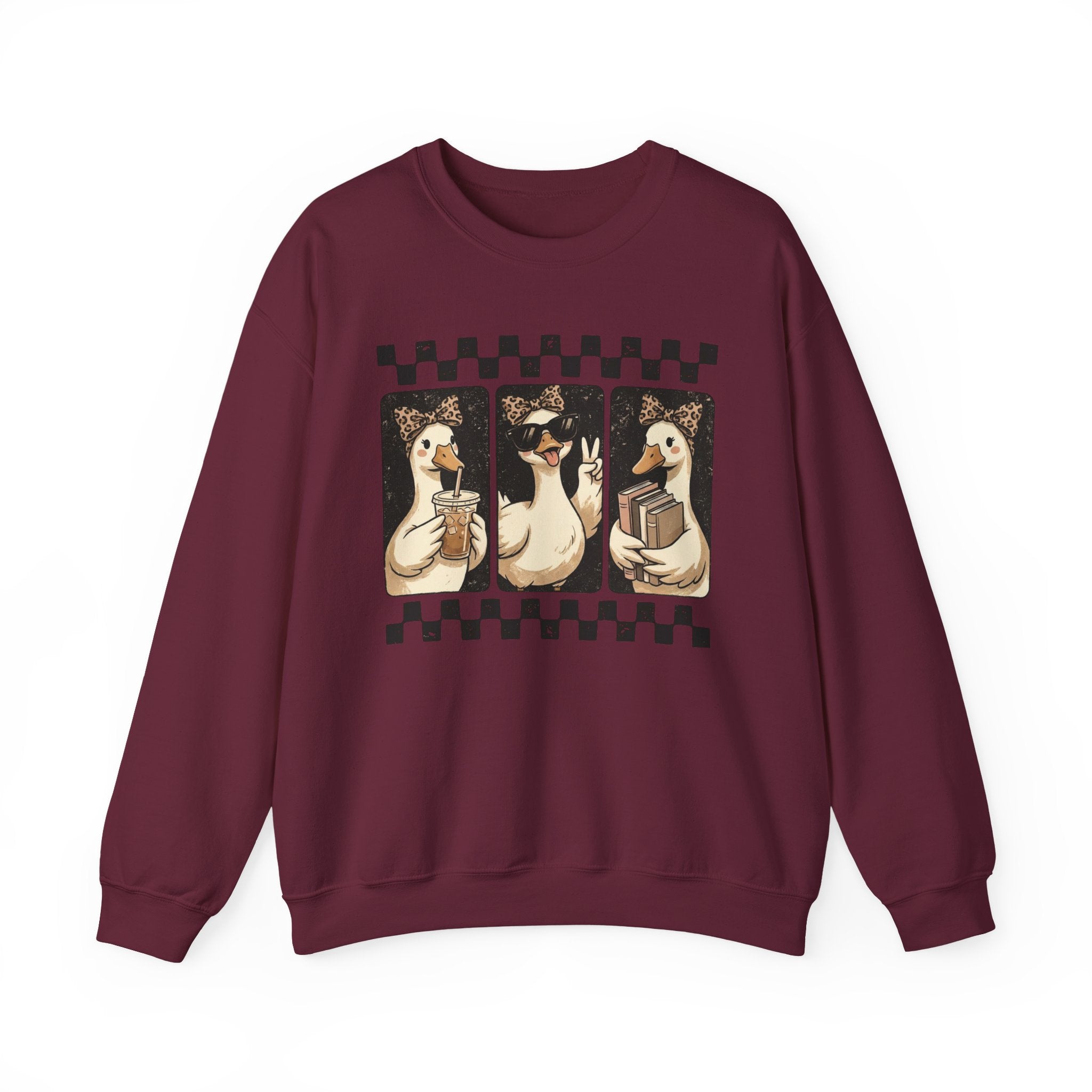 Duck Trio Crewneck Sweatshirt — Vintage Checkered Retro Goose Illustration