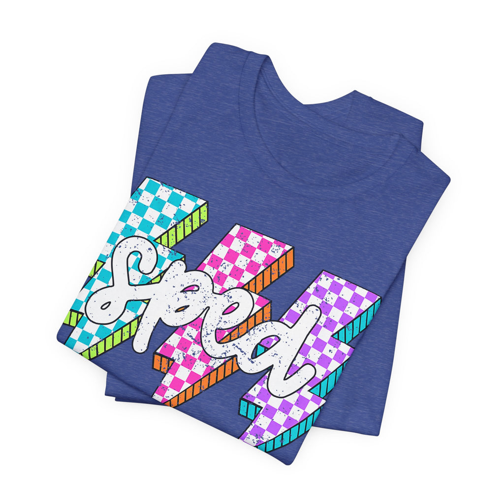 Speed Lightning Tee — Retro Checkerboard Bolt Graphic T-Shirt
