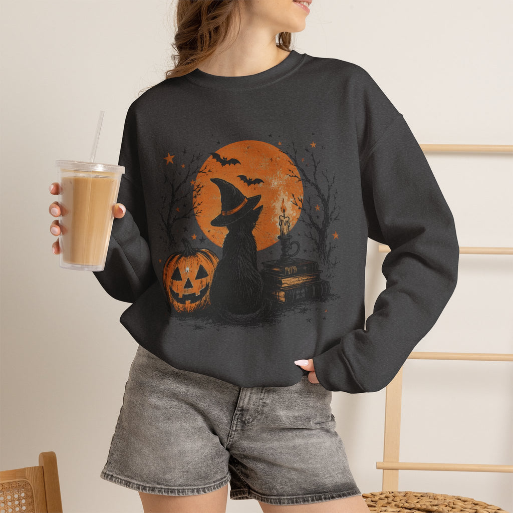 Crewneck Sweatshirt — Halloween Cat Witch Moon Graphic