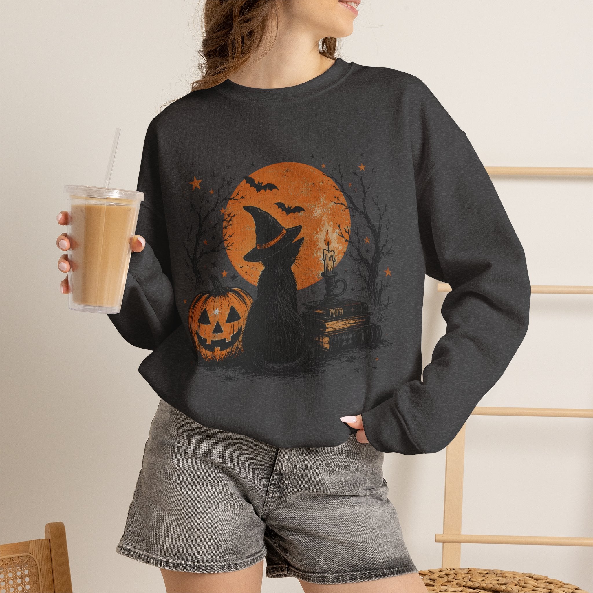 Crewneck Sweatshirt — Halloween Cat Witch Moon Graphic