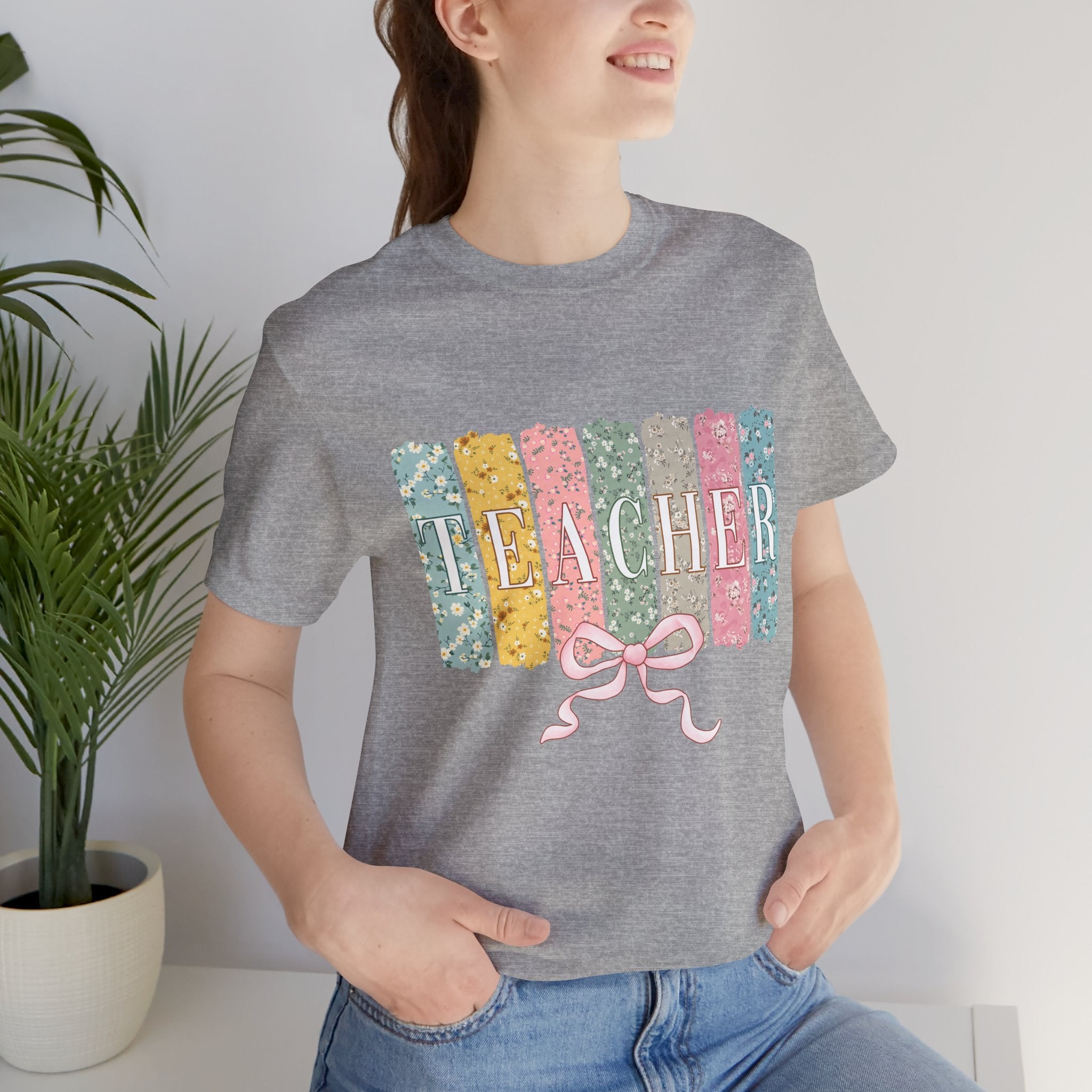 Teacher Floral Stripe T-Shirt - Pastel Ribbon Classroom Gift