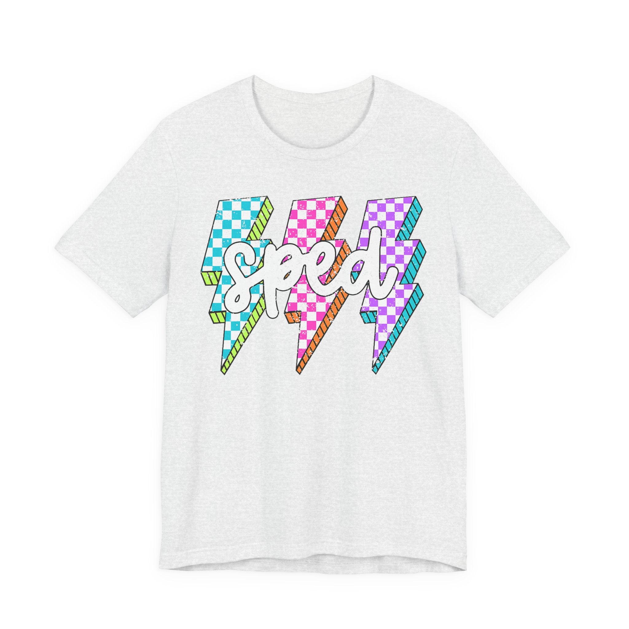 Speed Lightning Tee — Retro Checkerboard Bolt Graphic T-Shirt