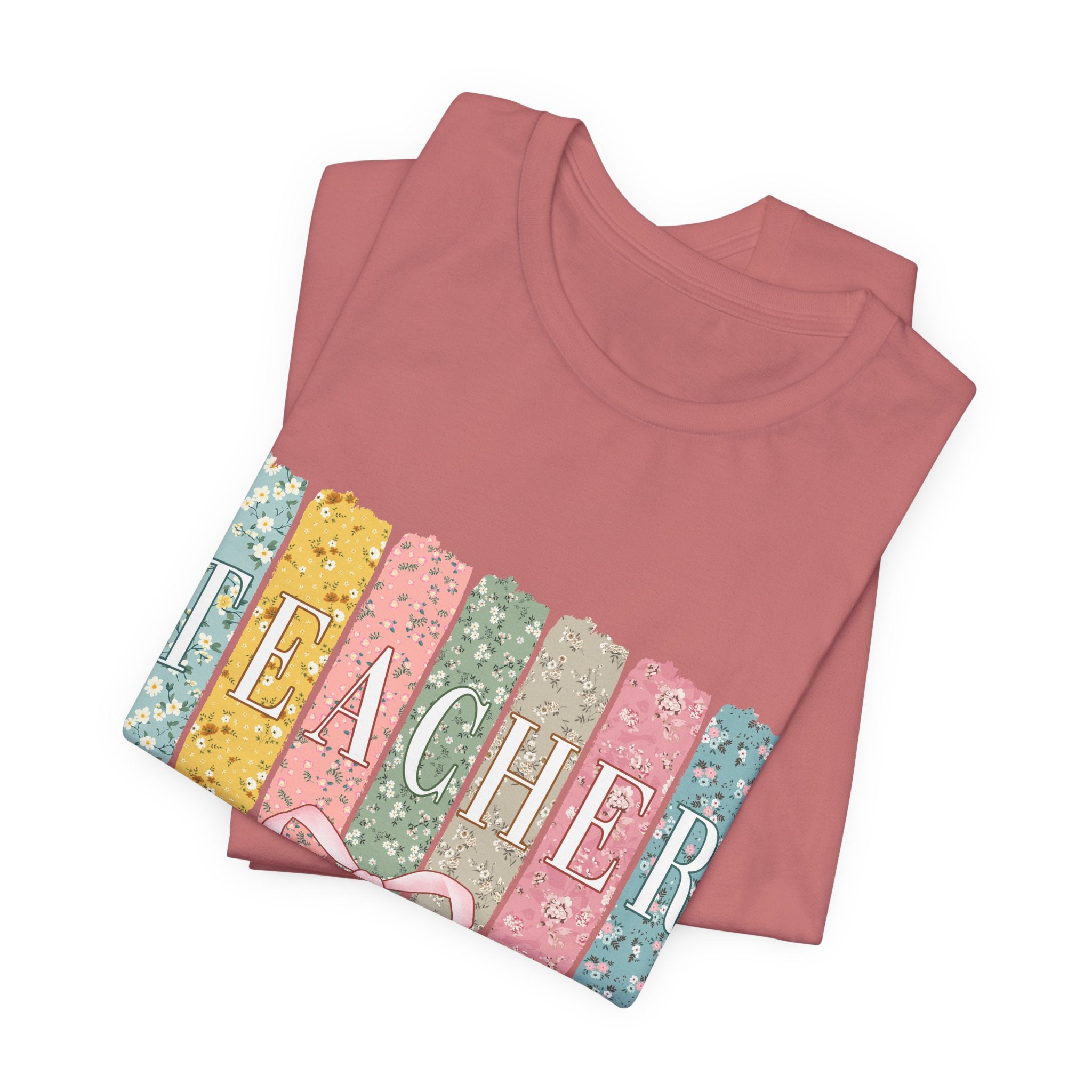 Teacher Floral Stripe T-Shirt - Pastel Ribbon Classroom Gift