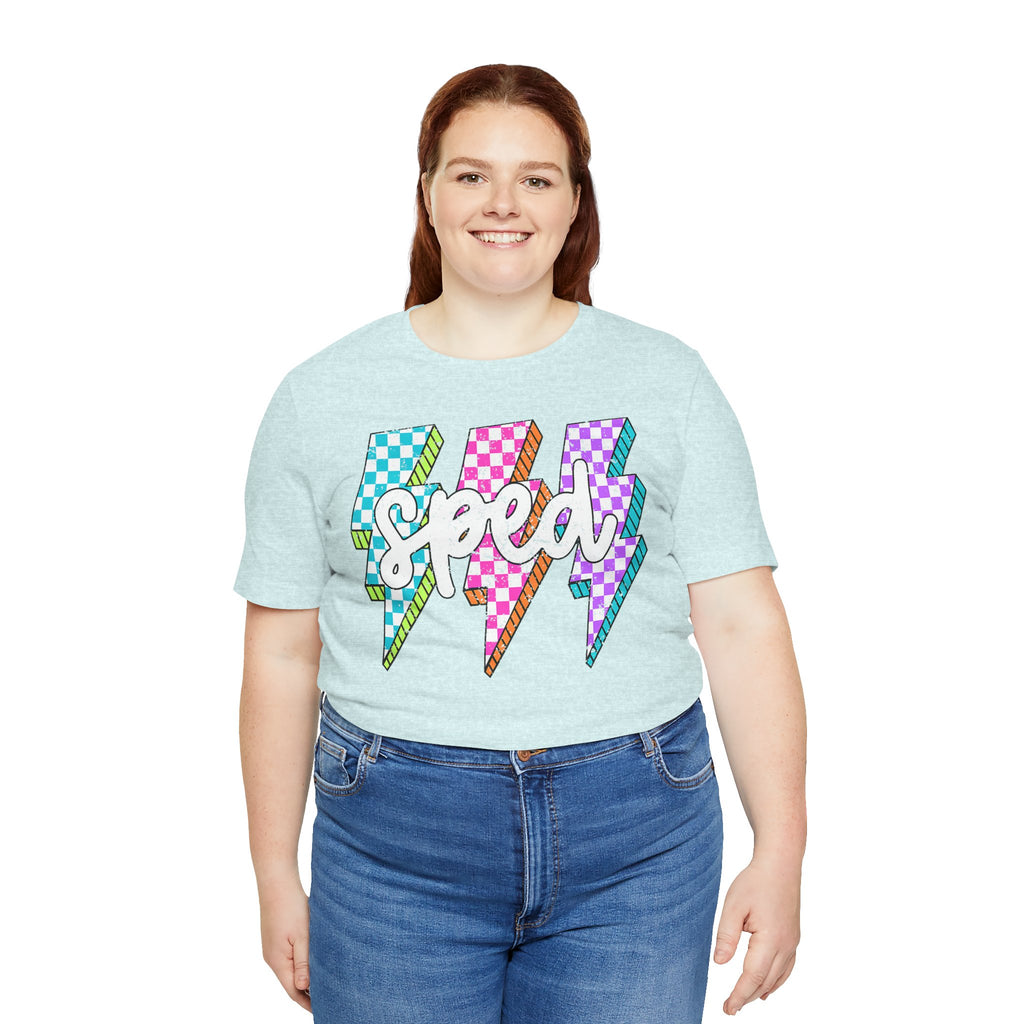 Speed Lightning Tee — Retro Checkerboard Bolt Graphic T-Shirt