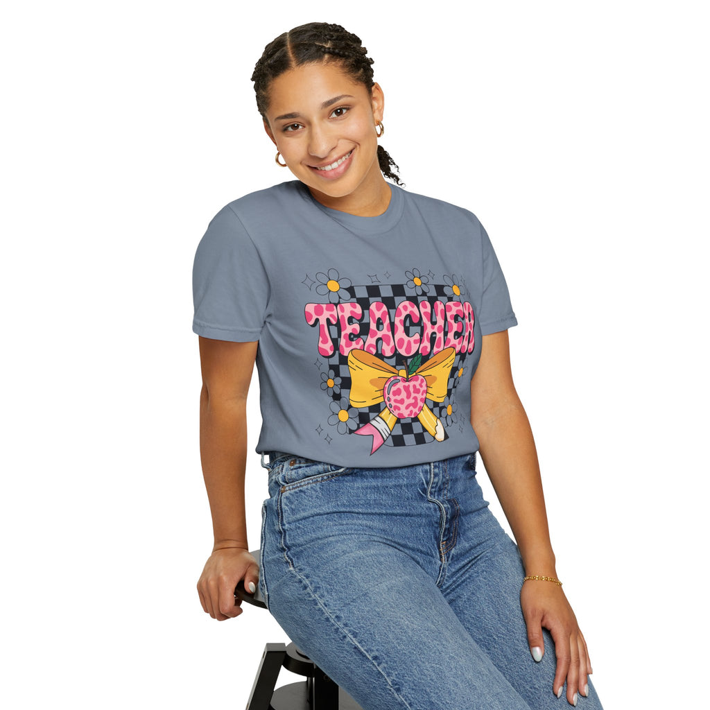 Teacher Floral Bow T‑Shirt — Cute Checkerboard & Heart Design for Educators