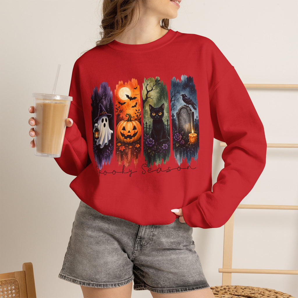Halloween Seasons Crewneck Sweatshirt — Spooky Ghost, Jack-o'-Lantern & Haunted Night Design