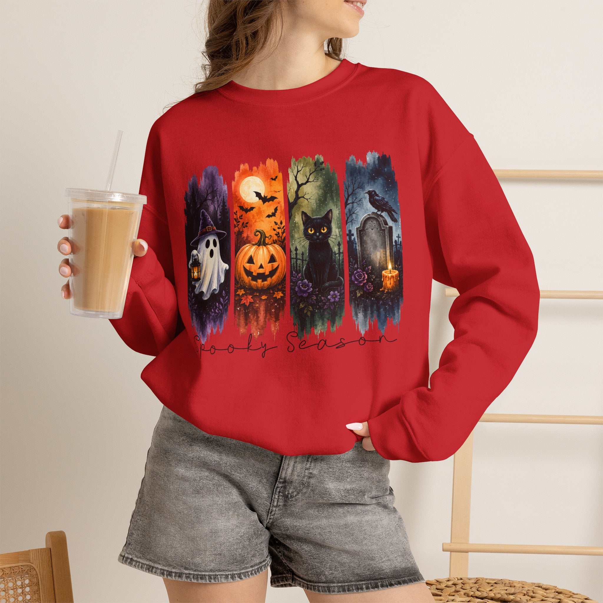 Halloween Seasons Crewneck Sweatshirt — Spooky Ghost, Jack-o'-Lantern & Haunted Night Design