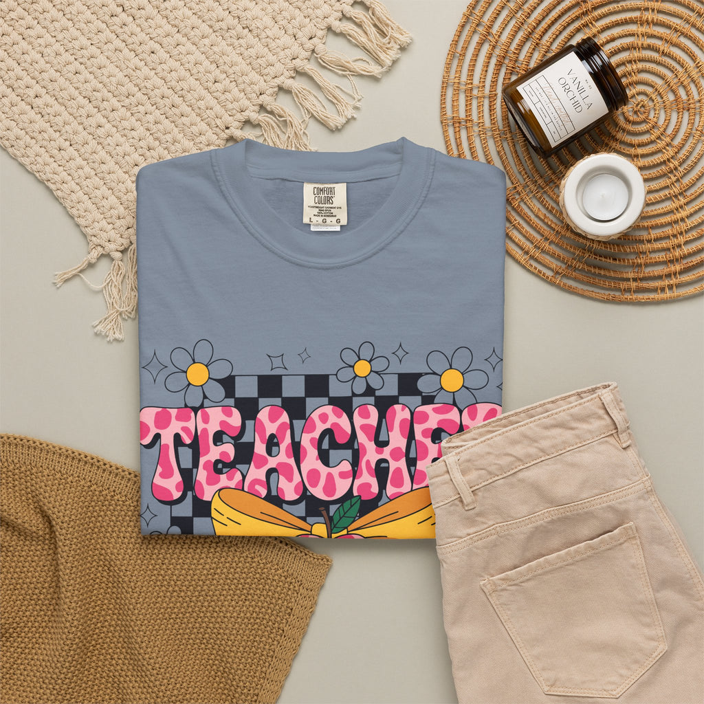 Teacher Floral Bow T‑Shirt — Cute Checkerboard & Heart Design for Educators