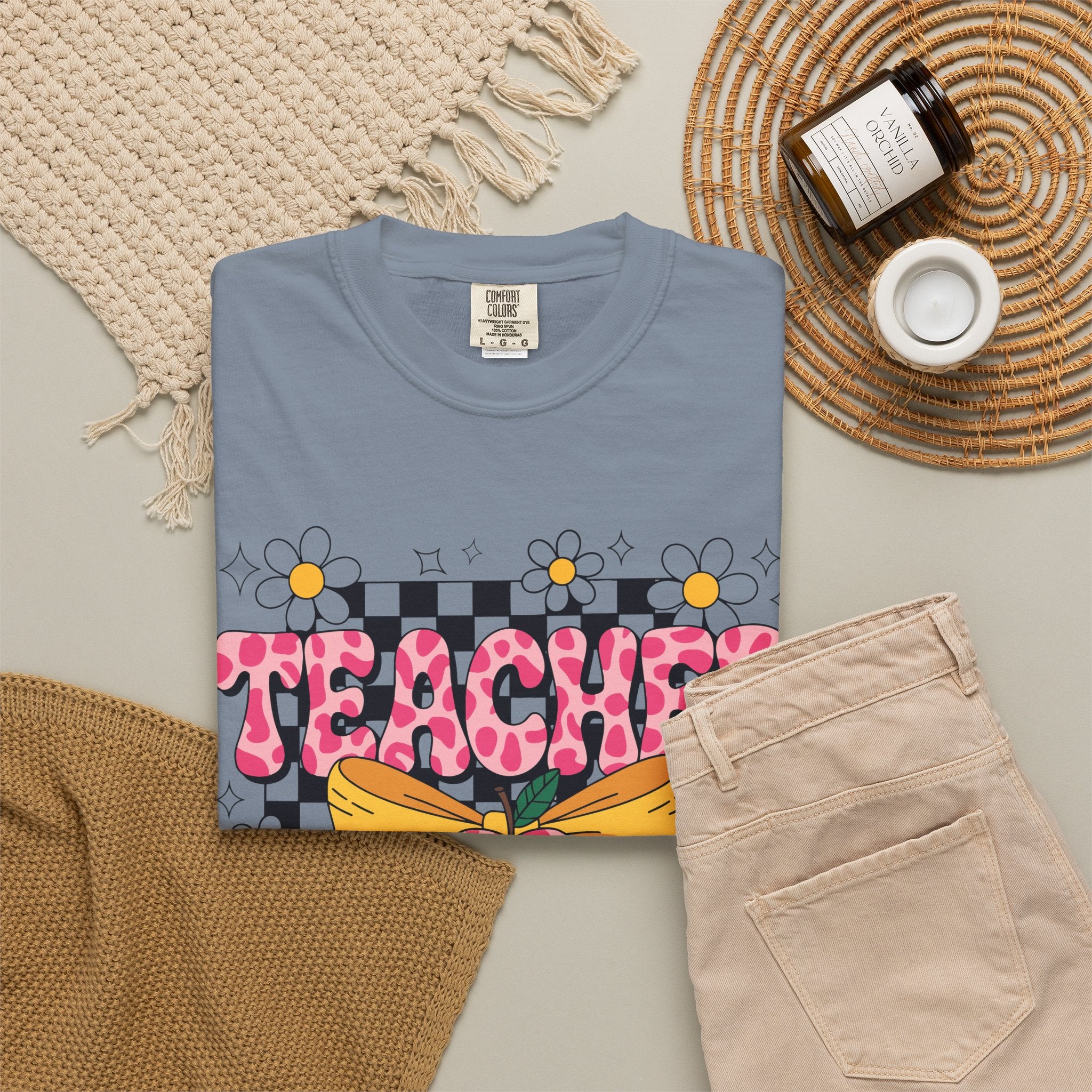 Teacher Floral Bow T‑Shirt — Cute Checkerboard & Heart Design for Educators