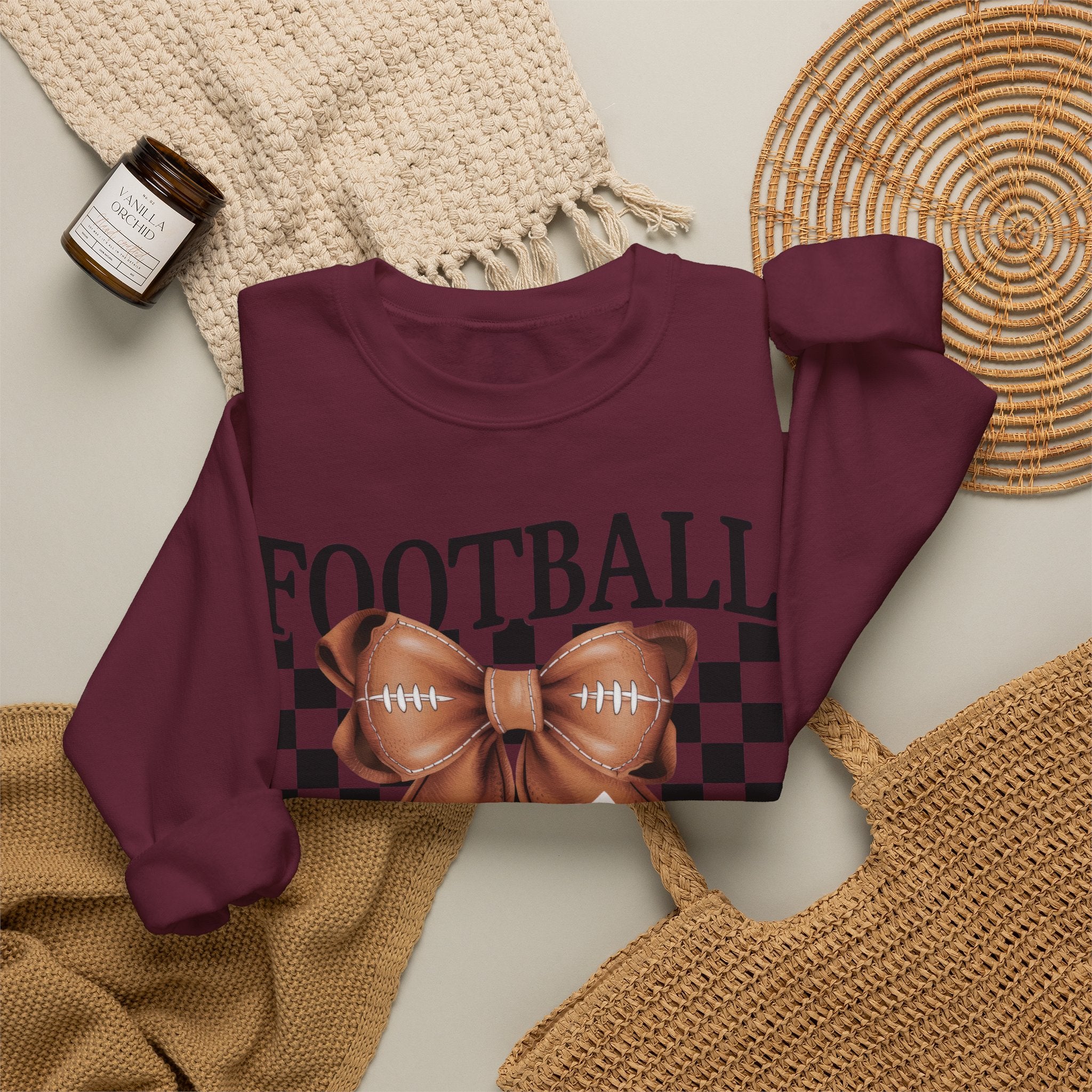 Football Mama Crewneck Sweatshirt — Retro Checkerboard Football Graphic