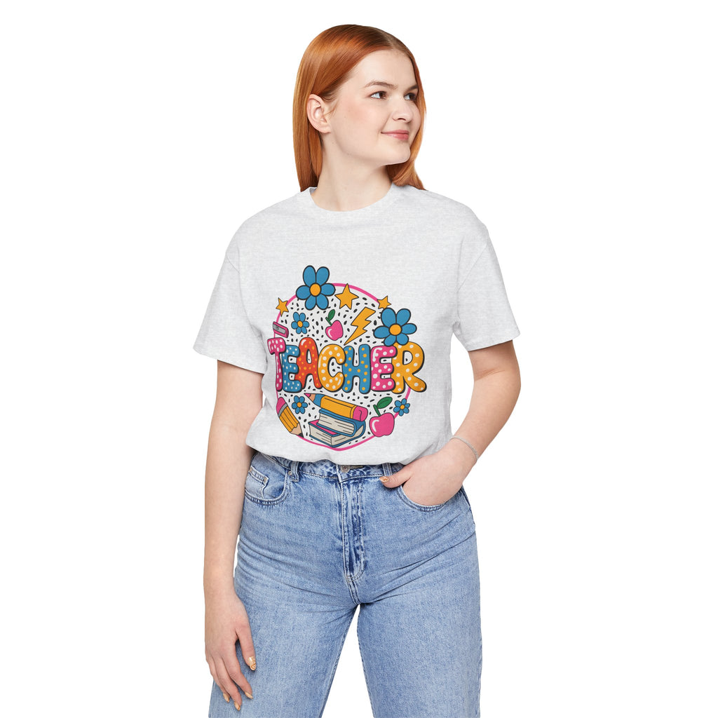 Teacher Doodle Graphic Tee — Colorful School Supplies Design