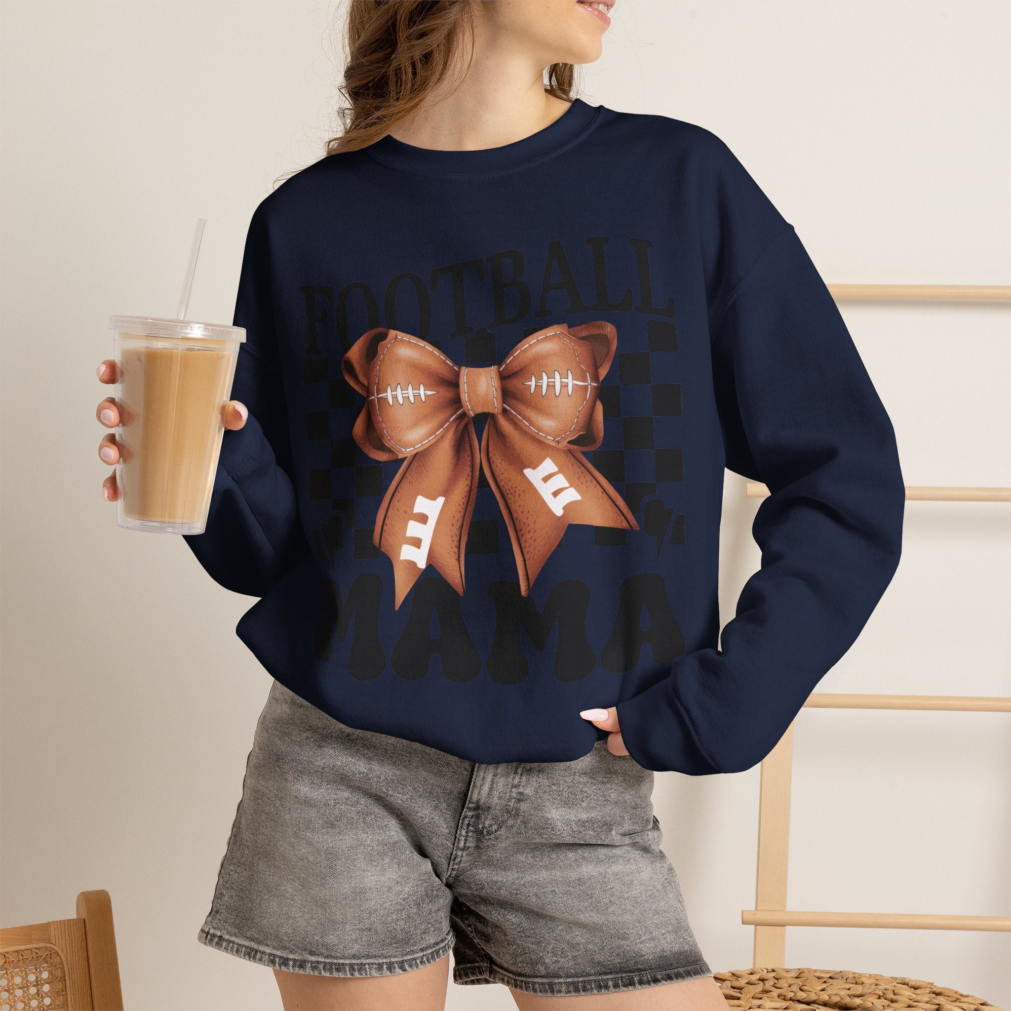 Football Mama Crewneck Sweatshirt — Retro Checkerboard Football Graphic
