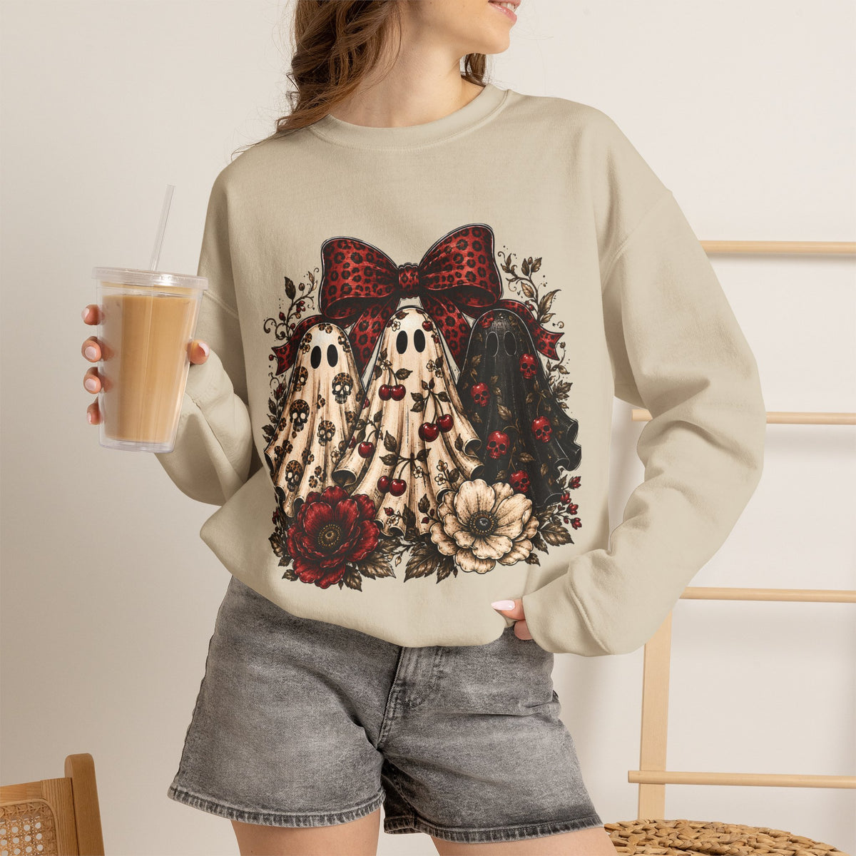 Ghost Trio Floral Crewneck Sweatshirt – Leopard Bow Halloween Pullover
