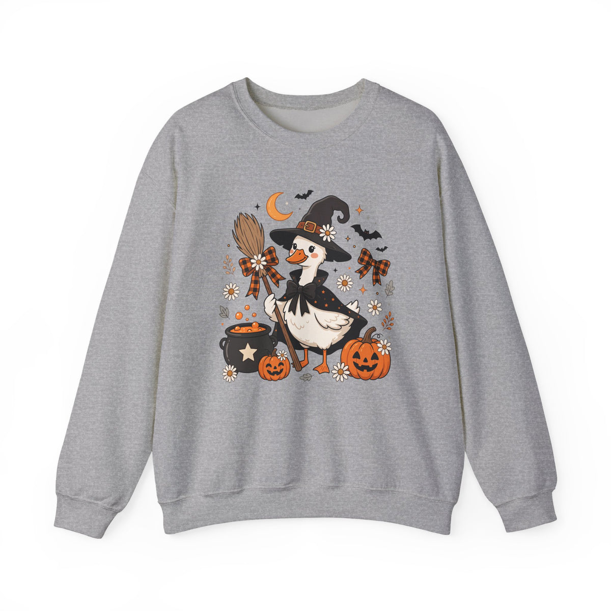 Halloween Duck Witch Crewneck Sweatshirt — Cute Pumpkin & Cauldron Graphic