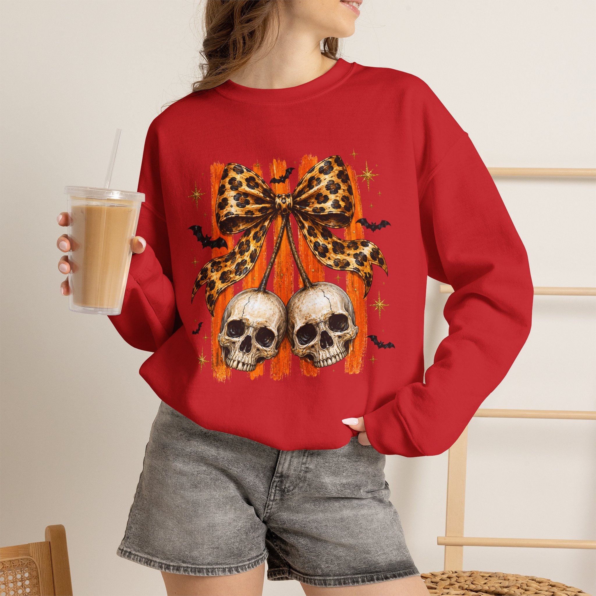 Skull Bow Sweatshirt — Leopard Bow Halloween Crewneck
