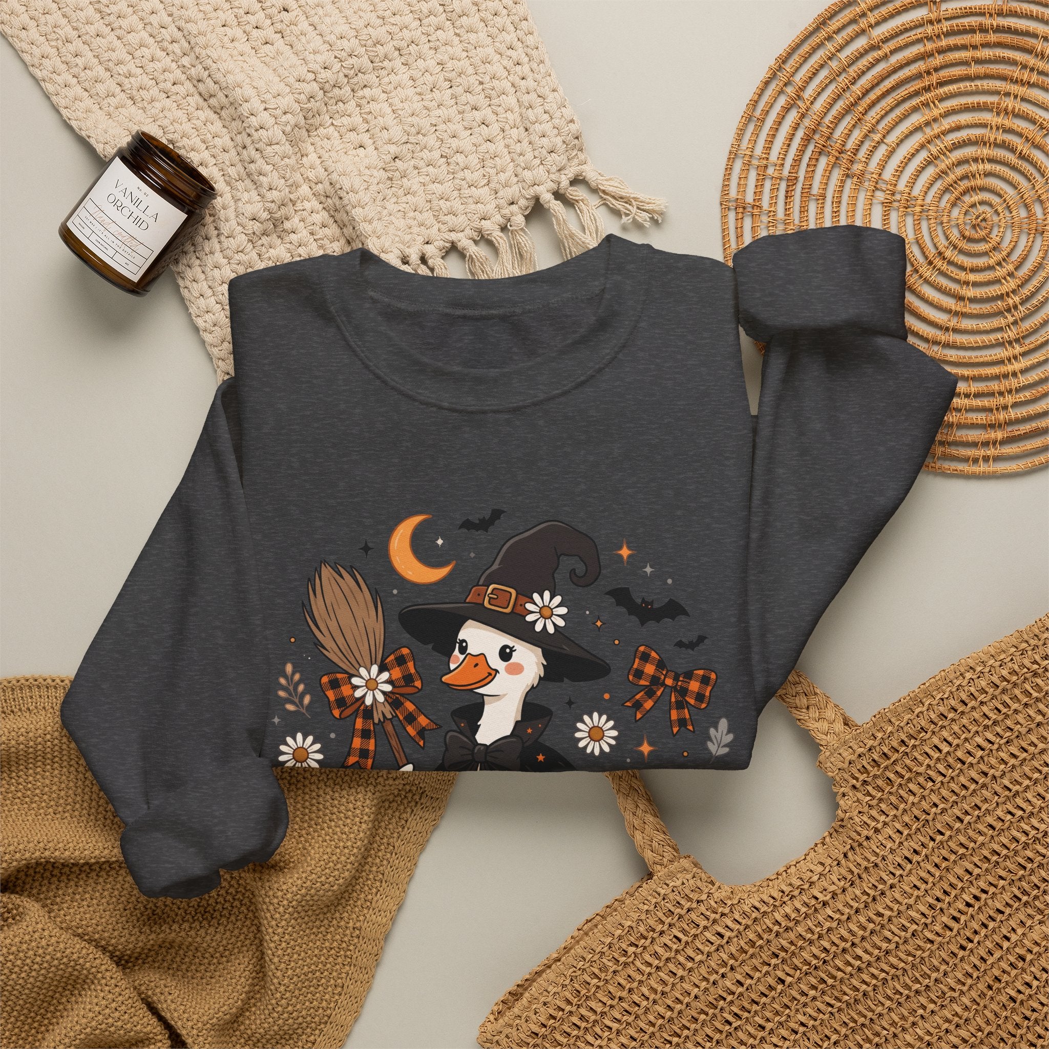 Halloween Duck Witch Crewneck Sweatshirt — Cute Pumpkin & Cauldron Graphic